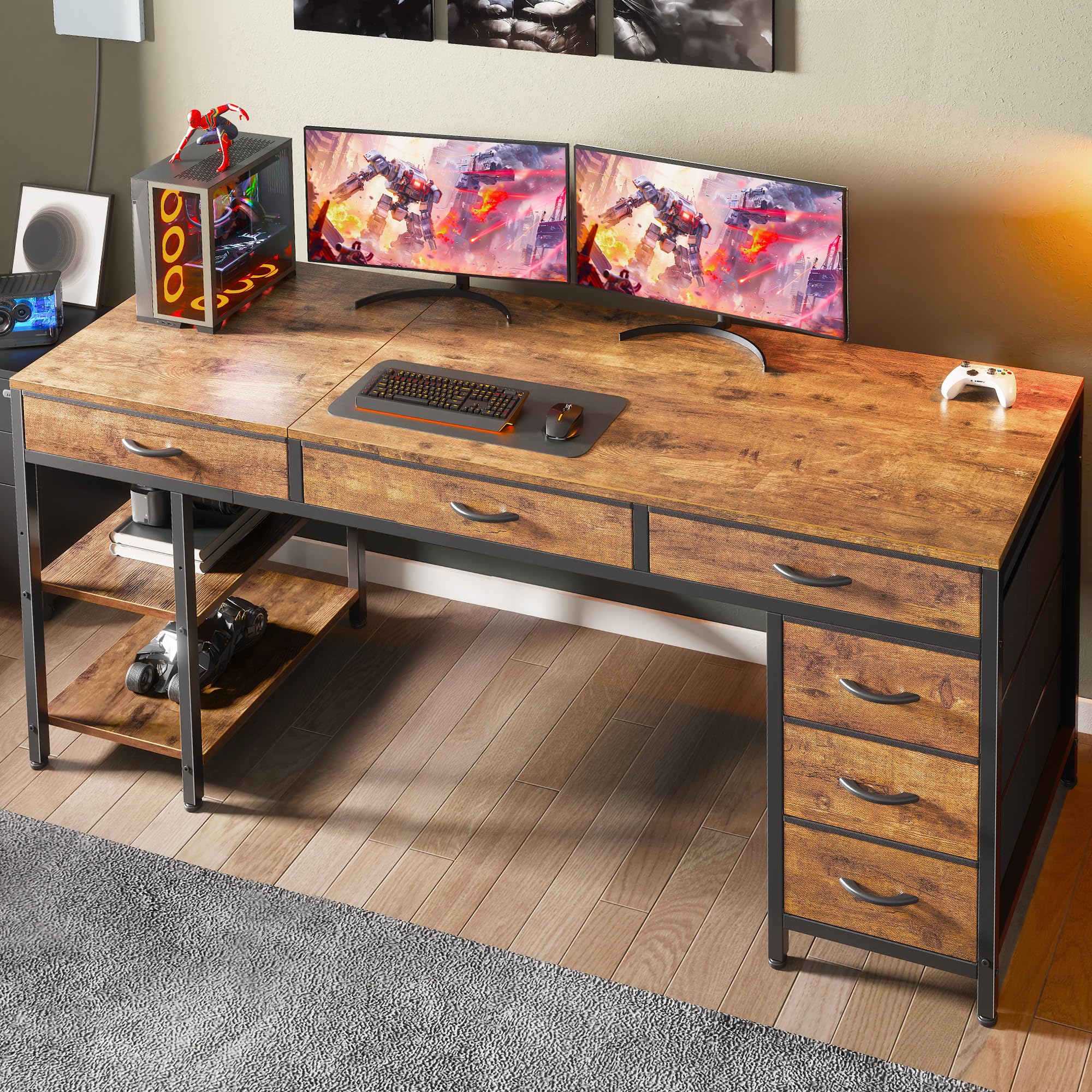 Huuger 63 Inch Computer Desk with 6 Drawers & Shelves, Reversible Gaming Desk with Storage, Rustic Brown Office Desk for Home Office, Study, Living Room - Perfect for Work, Gaming & Small Space Organization