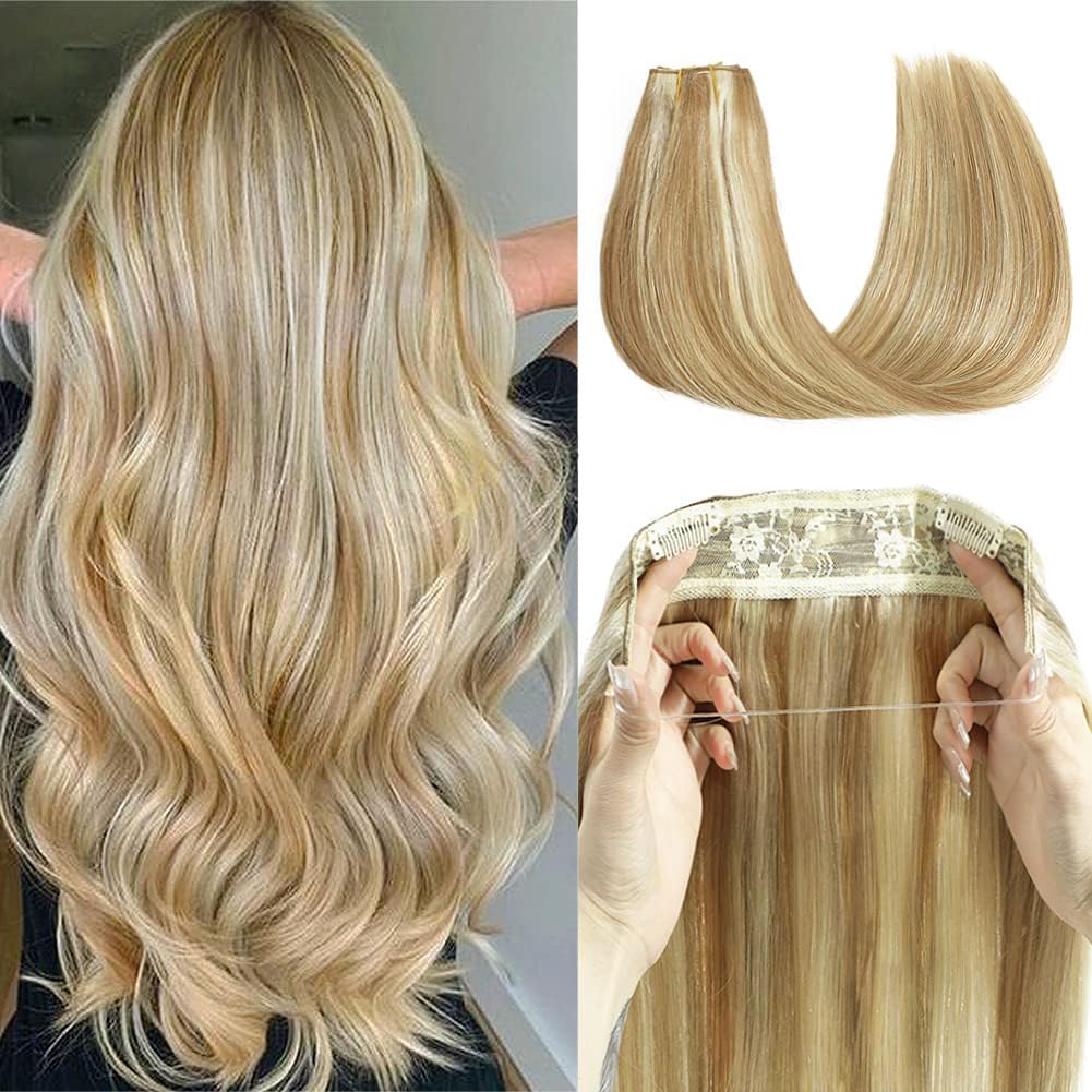 20 Inch Real Human Hair Extensions - Light Blonde to 613 Blonde Straight Hair with Hidden Wire & Transparent Fish Line for Invisible Look | Perfect for Daily Wear, Parties & Special Occasions