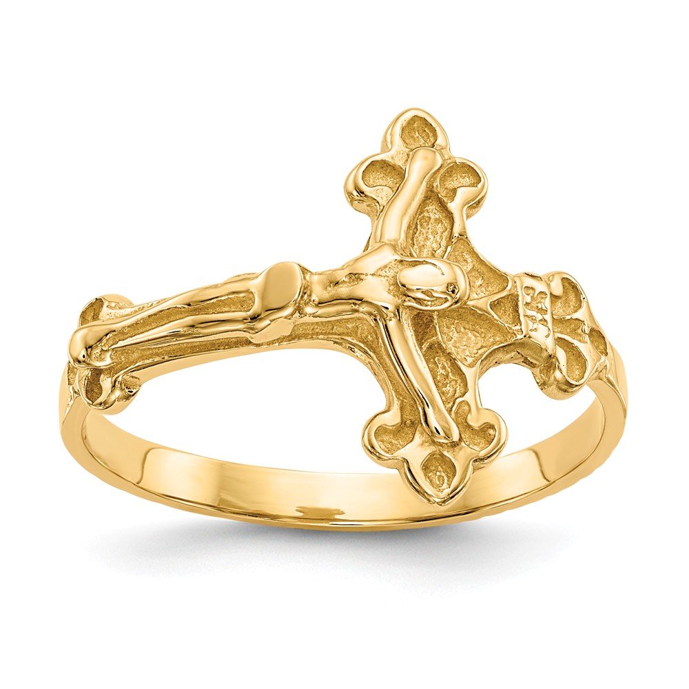 14K Yellow Gold Diamond-Cut Crucifix Cross Ring - Brushed Matte Finish Band for Men & Women - Religious Jewelry Gift for Baptism, Confirmation, Wedding & Everyday Wear