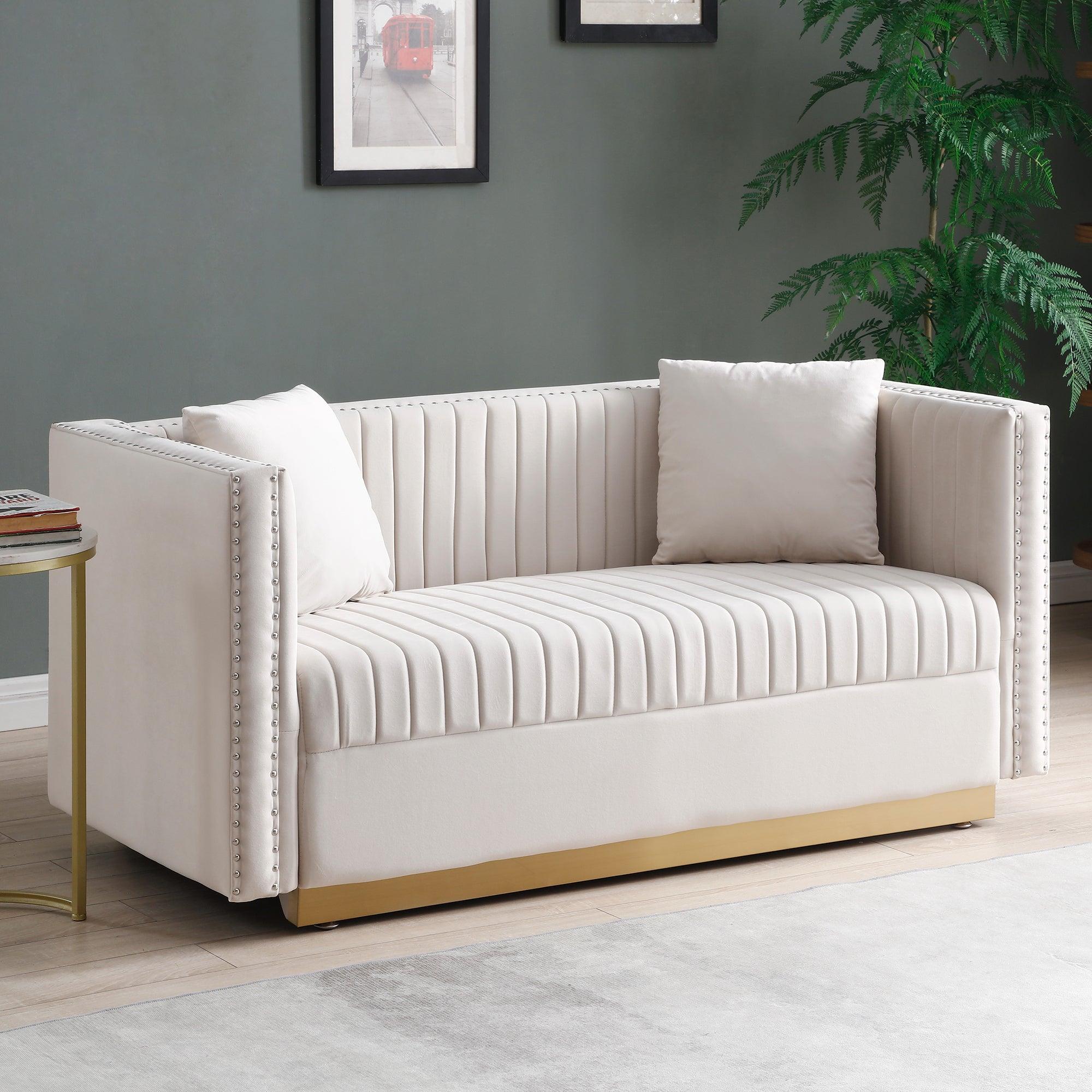 Modern Velvet Loveseat Sofa - 2 Seater Tufted Upholstered Couch with Pillows for Living Room, Apartment | Contemporary Channel Design in Beige | Perfect for Small Spaces, Cozy Reading Nook or Lounge Area