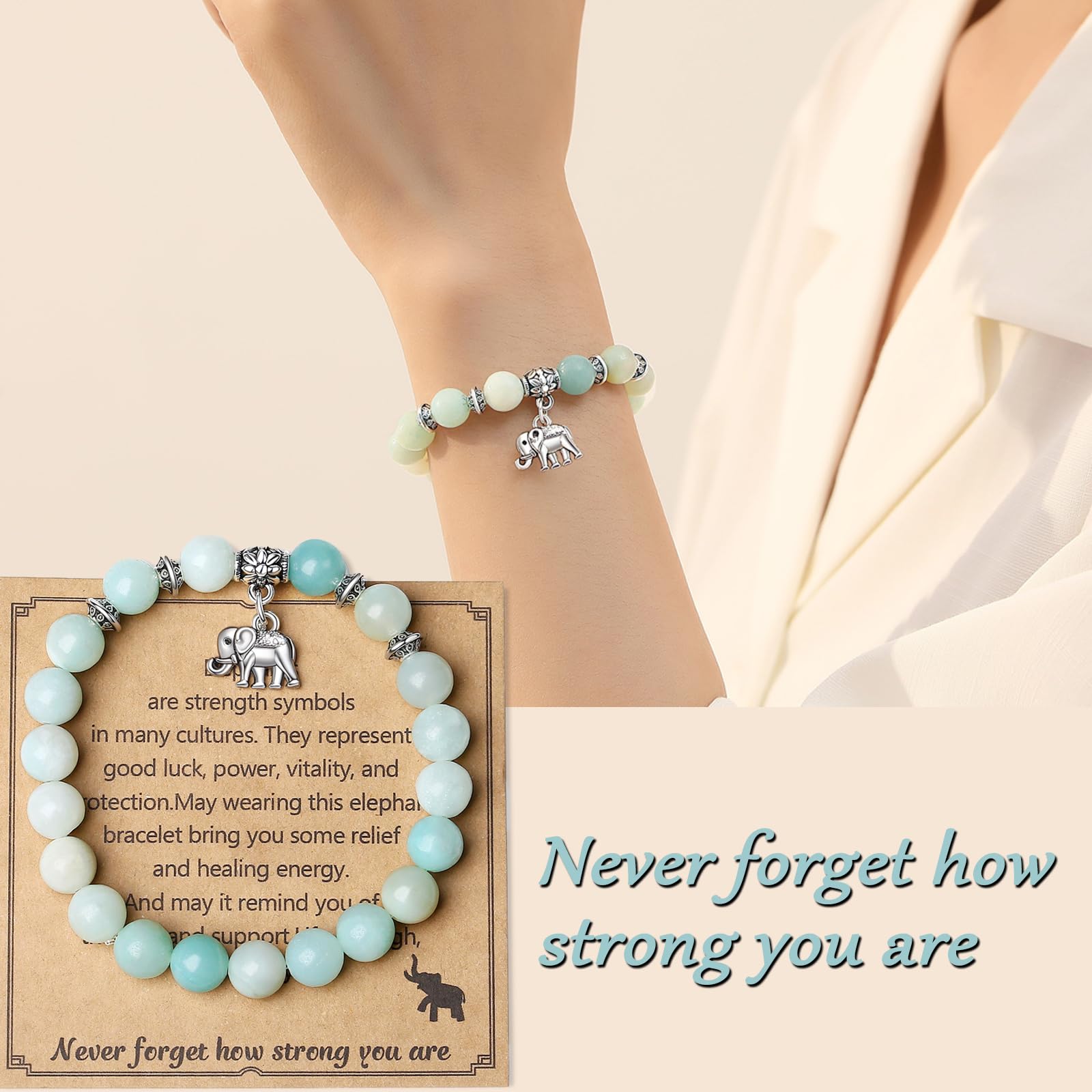 MAIBAOTA Elephant Bracelet for Women - 8mm Stretch Natural Stone Beaded Anxiety Relief Bracelet, Motivational Strength Jewelry - Perfect Get Well Soon Gift for Her | Ideal for Daily Wear, Meditation & Stress Relief