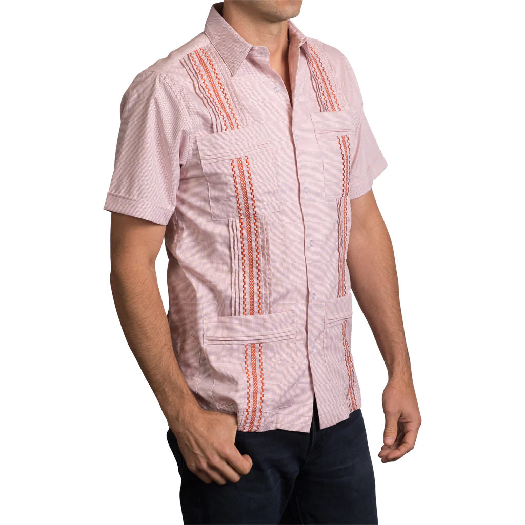 San Cristobal Orange Check Short Sleeve Guayabera Shirt for Men - Perfect for Summer, Beach, and Casual Wear