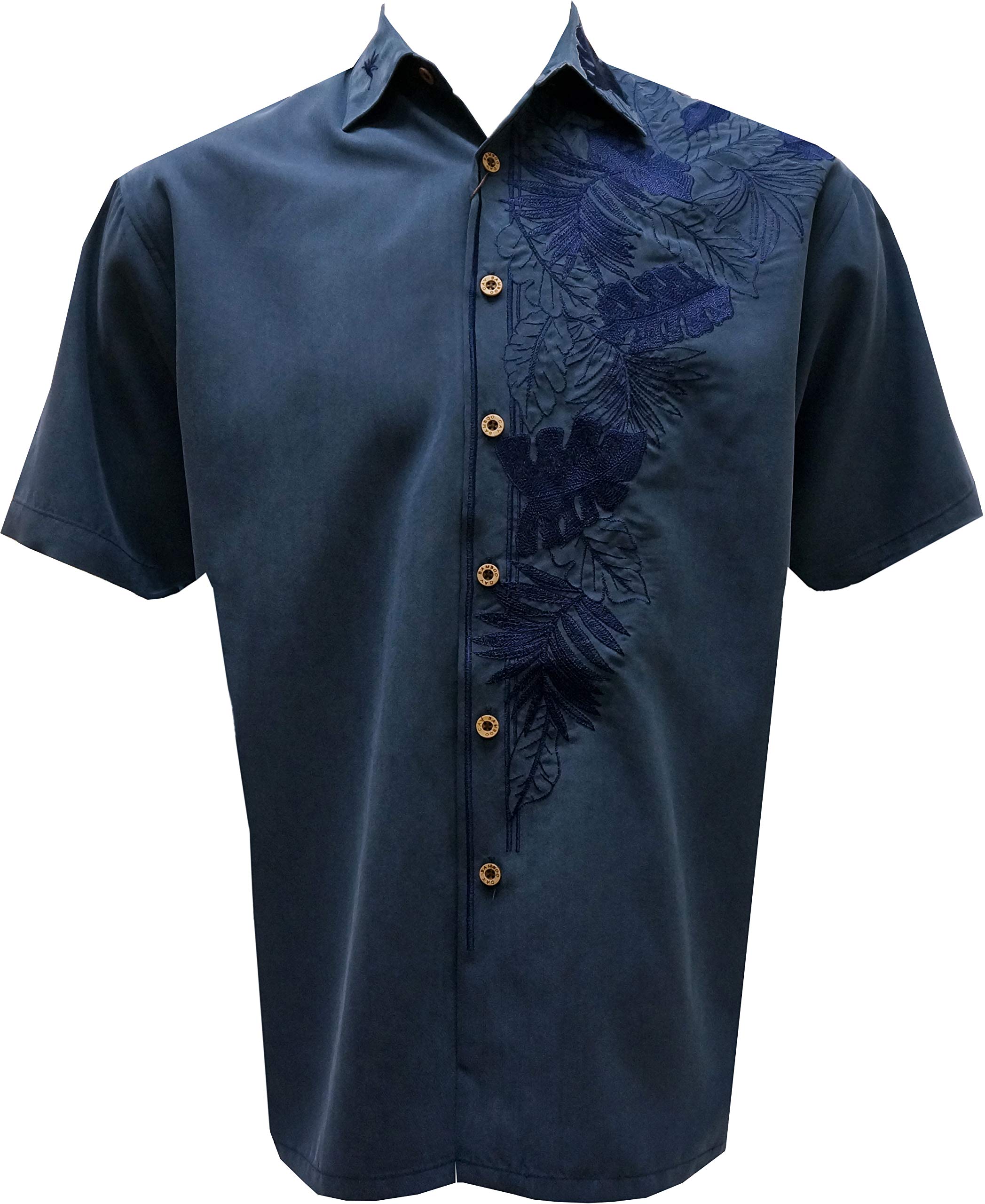 Bamboo Cay Men's Short Sleeve Casual Shirt - Tropical Leaf Print Embroidered Woven Shirt for Beach Vacation, Summer Outfits & Island Getaways