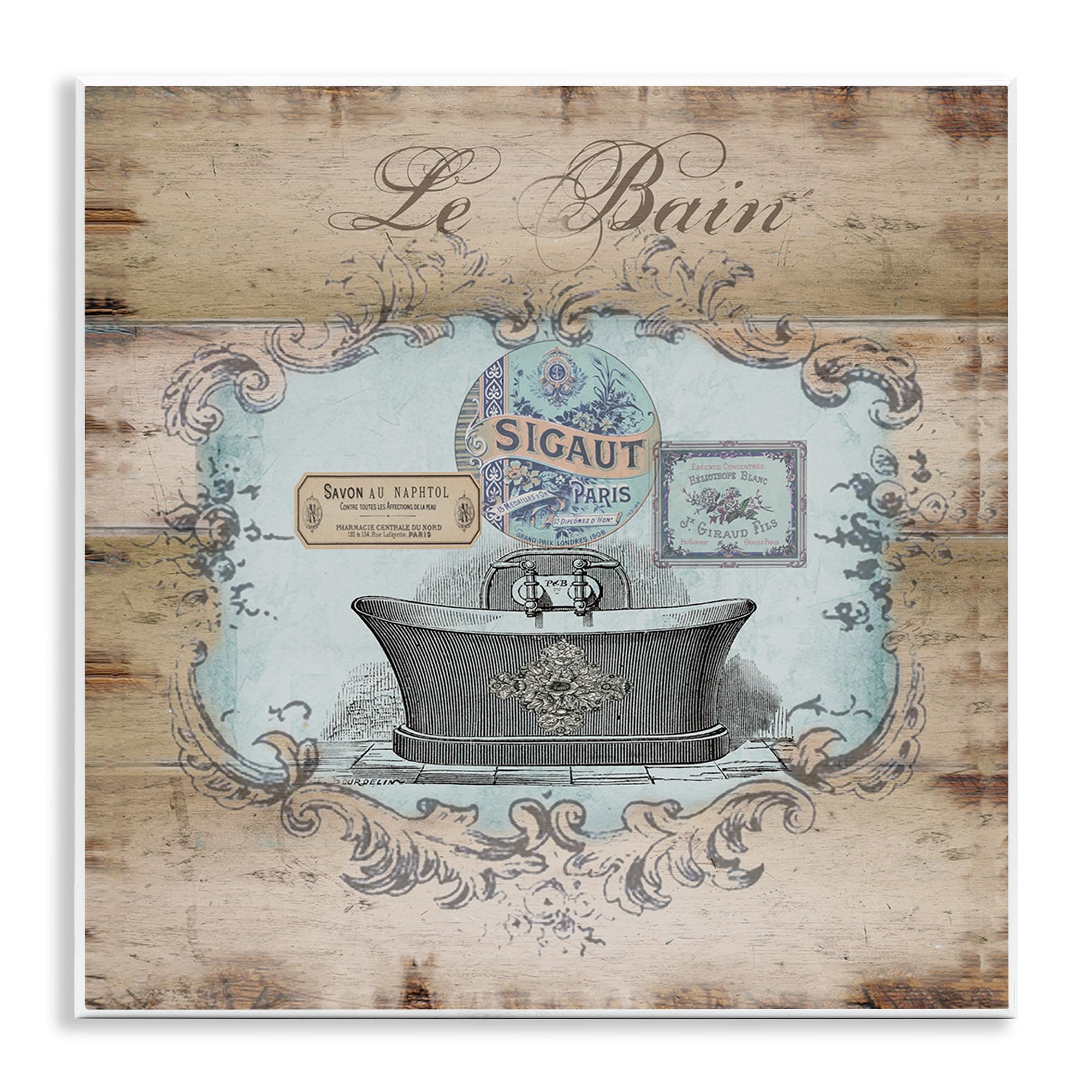 Stupell Home Décor Le Bain Wood Look Bath Wall Plaque Art - 12 x 0.5 x 12 Inches - Handmade in USA - Perfect for Bathroom Decor, Farmhouse Style & Spa Inspired Interiors