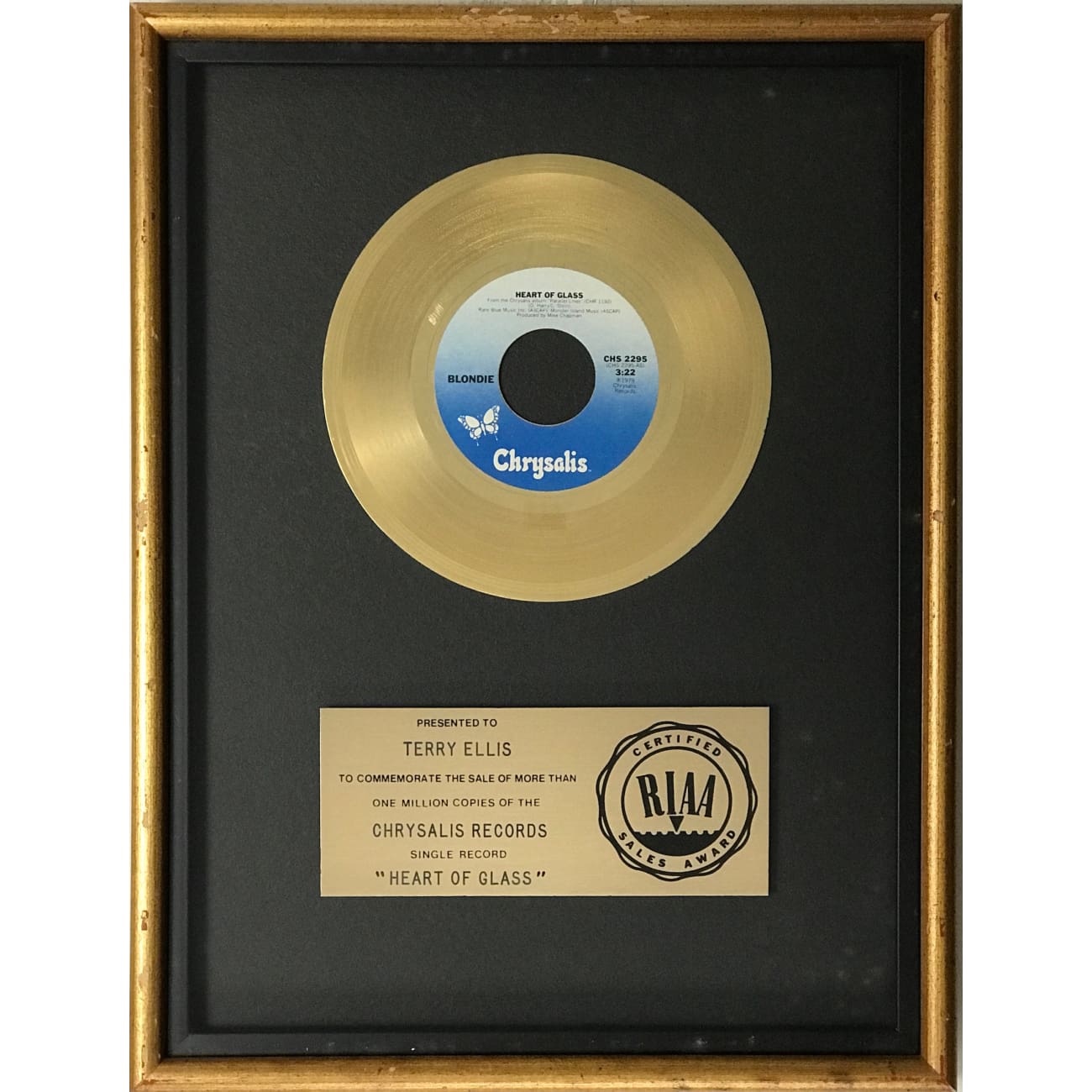 Blondie Heart of Glass RIAA Gold Single Award - Vintage Music Collectible for Fans & Display - Perfect for Home Decor, Music Memorabilia Collections & Gift Giving