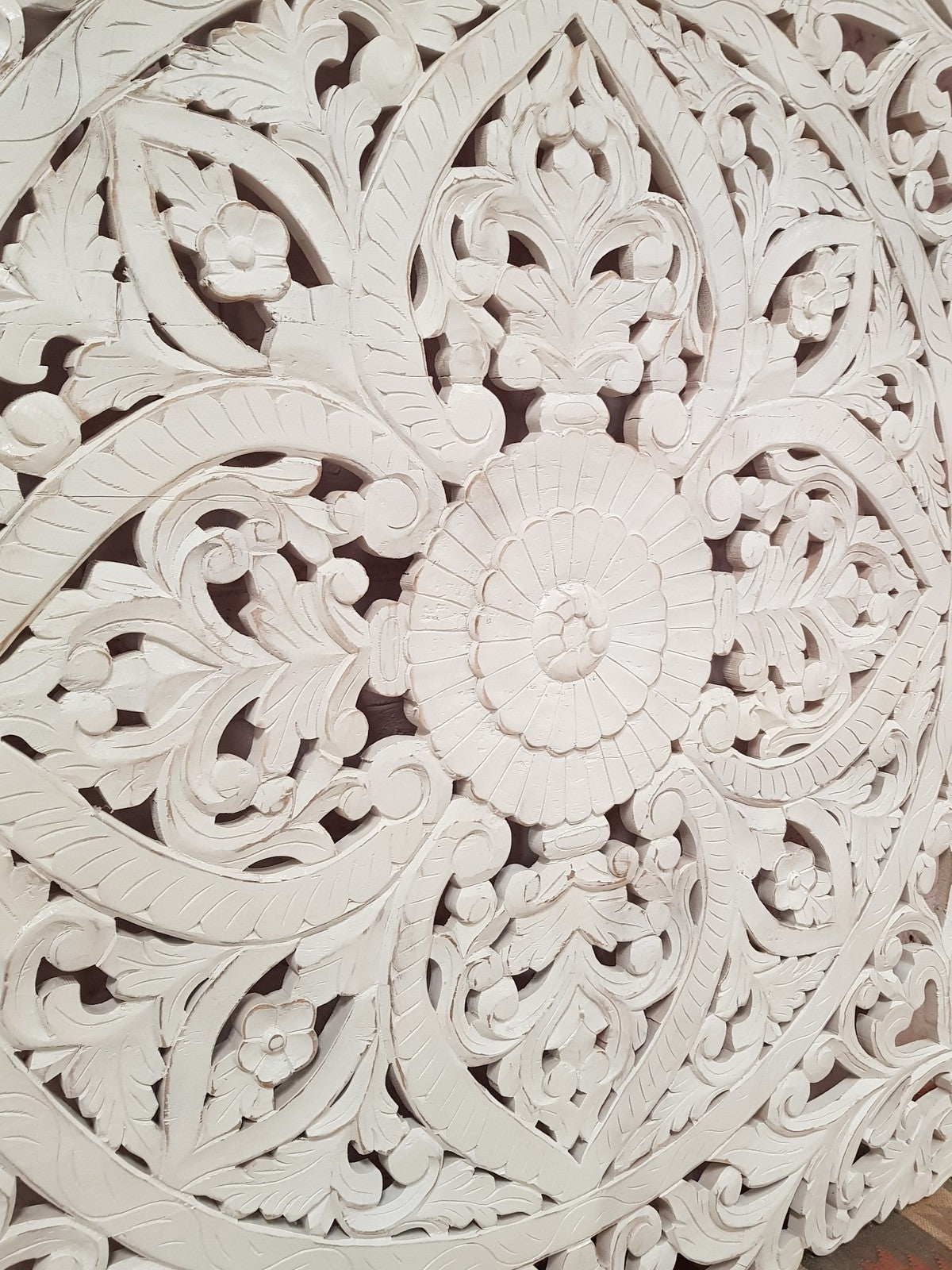 Hand Carved Indian Solid Wood Bed Panel - Floral Design, White Wash Finish (200x200cm) for Master Bedroom & Guest Room Decor