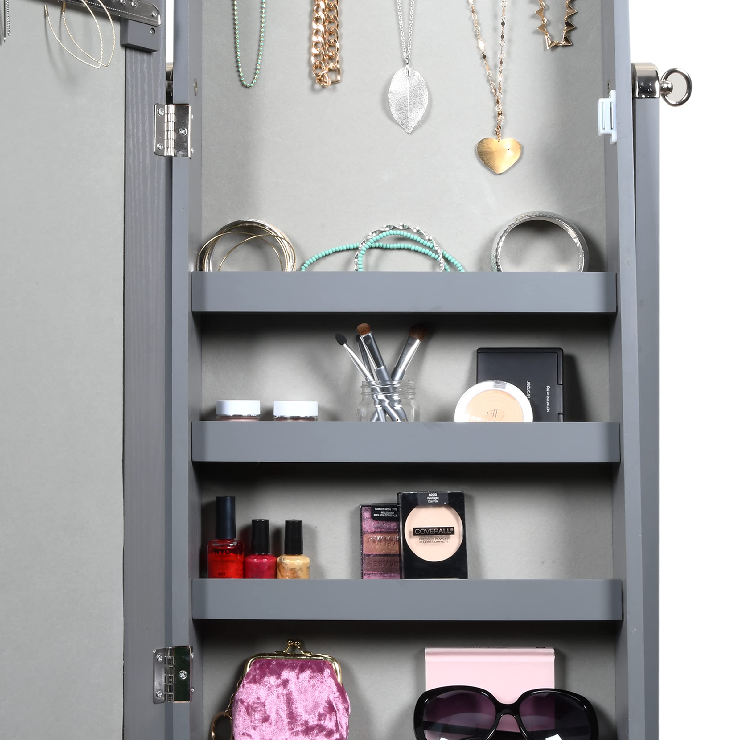 Prinz Full-Length Mirror Jewelry Cabinet - Wall Mounted or Floor Standing Jewelry Organizer Armoire with 3 Shelves & Hooks for Bedroom (Gray, 14' x 55' x 14') - Perfect for Necklace Storage, Bracelet Display & Closet Organization