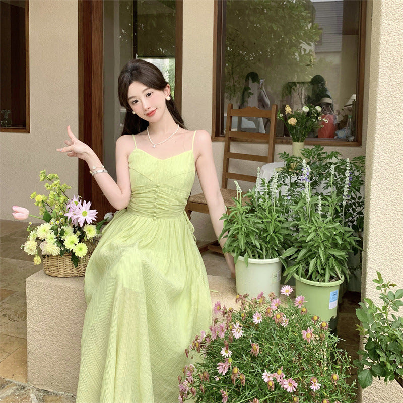 Green Fairy Spaghetti Strap Long Dress - Women's Summer Flowy Maxi Dress with Side Slit, Boho Beach Cover Up, Casual Sundress for Vacation, Party, Date Night