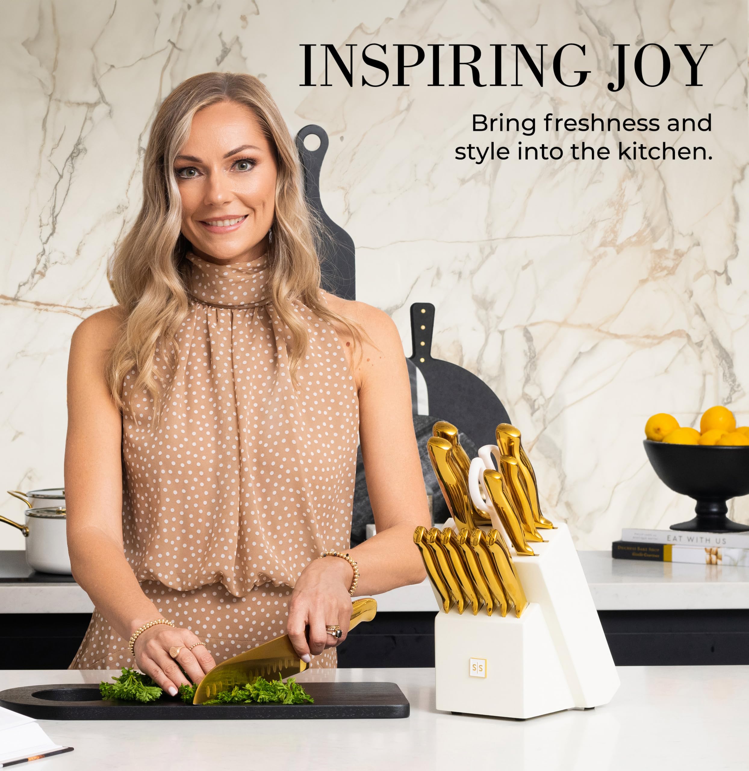 Premium 14-Piece White & Gold Knife Set with Block - Full Tang Kitchen Knives & Built-In Sharpener - Luxury Gold Kitchen Decor for Cooking, Entertaining & Gift Giving