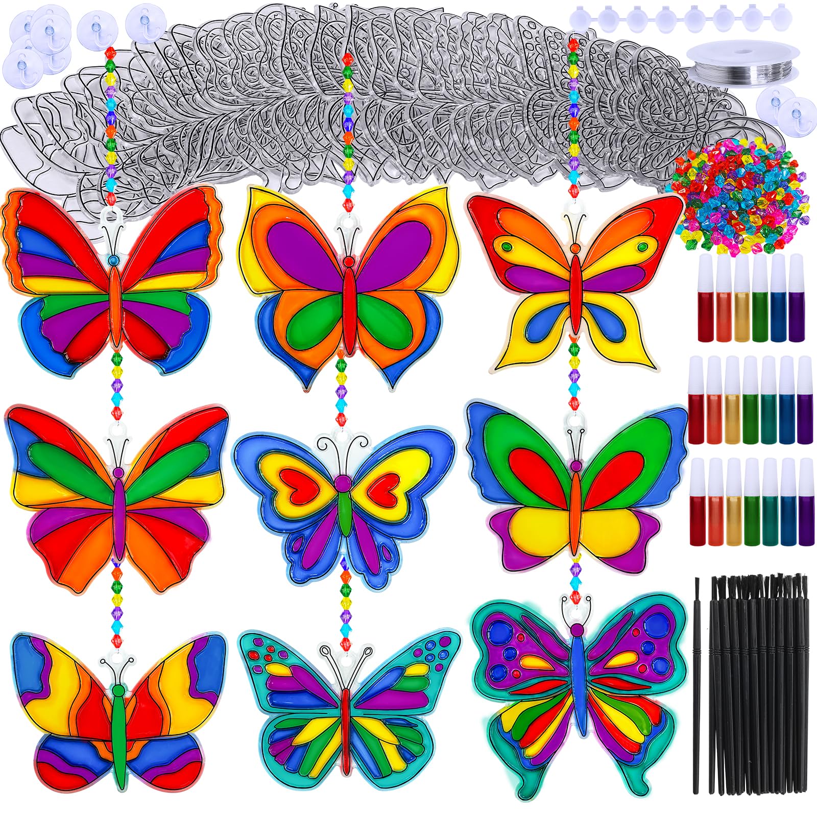 Winlyn 27 Sets DIY Butterfly Suncatchers Window Art Kit - Colorful Paint Craft for Kids Classroom, Spring & Easter Party Decorations - Perfect for Home, School Activities and Holiday Crafts Projects