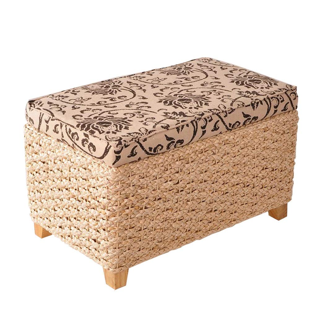 Eco-Friendly Grass Rattan Ottoman Stool - Kids Seat, Short Stool, Fabric Footrest with Storage | Solid Wood Frame | Multi-Purpose Shoe Bench & Living Room Decor | Perfect for Nursery, Bedroom & Entryway Organization