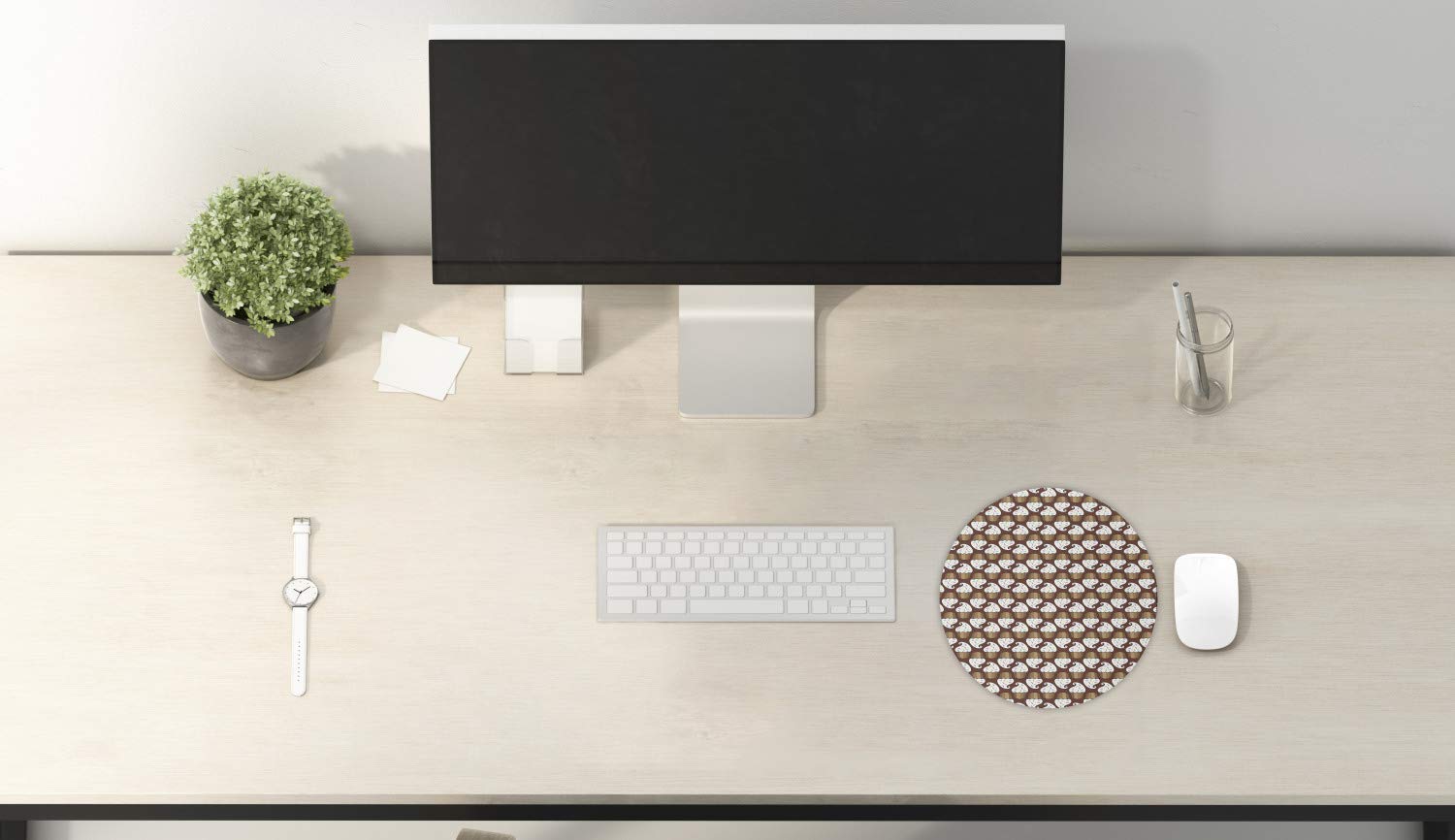 Ambesonne Round Chocolate Themed Mouse Pad - Non-Slip Thick Rubber Gaming Mousepad with Cupcake & Cocoa Cookie Design, 8 Inch, White Umber Brown - Perfect for Office, Gaming & Home Computer Use