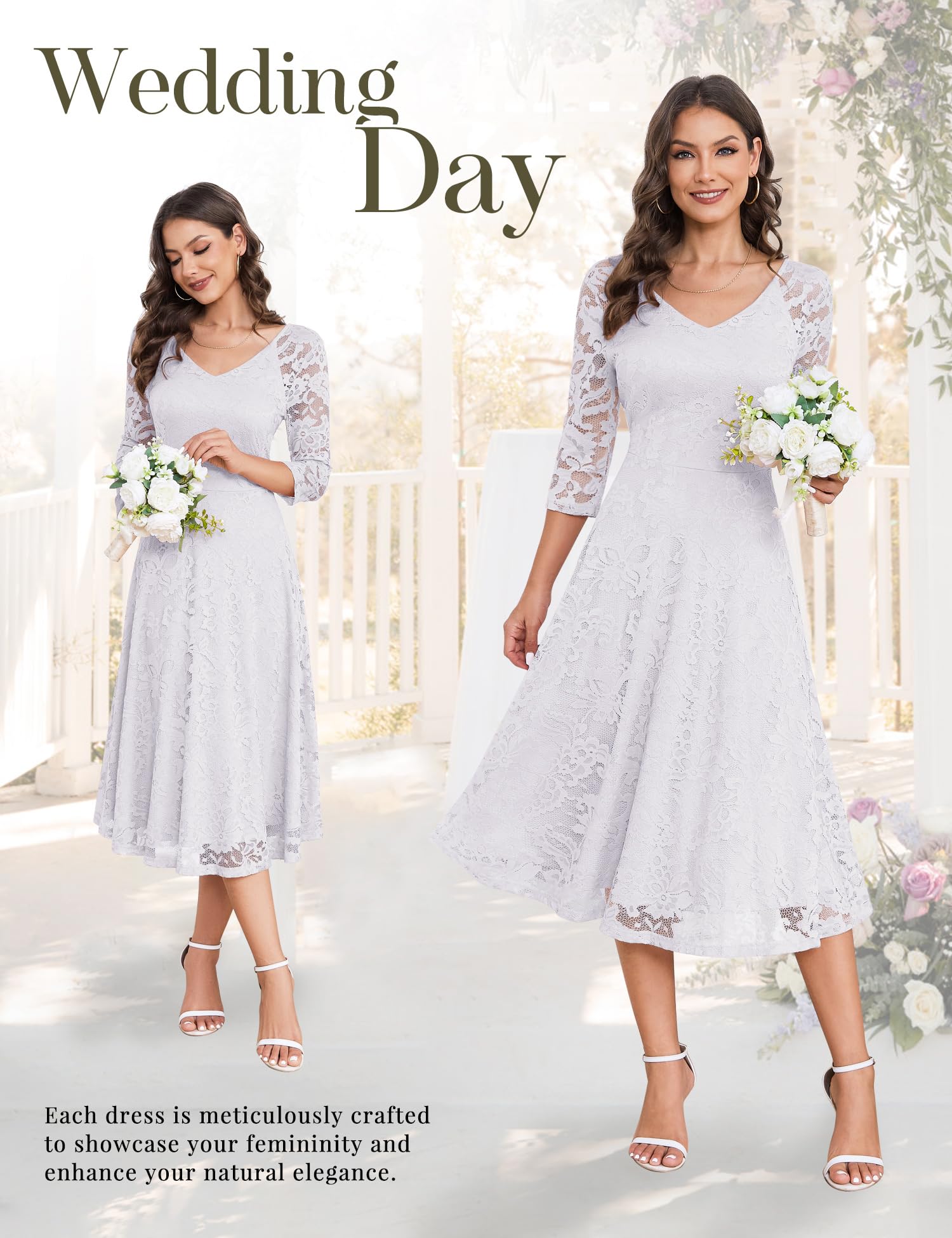 Elegant Long-Sleeve Lace Wedding Guest Dress for Women - A-Line Formal Cocktail Party Midi Dress, Prom Gown for Special Occasions, Evening Events & Holiday Celebrations