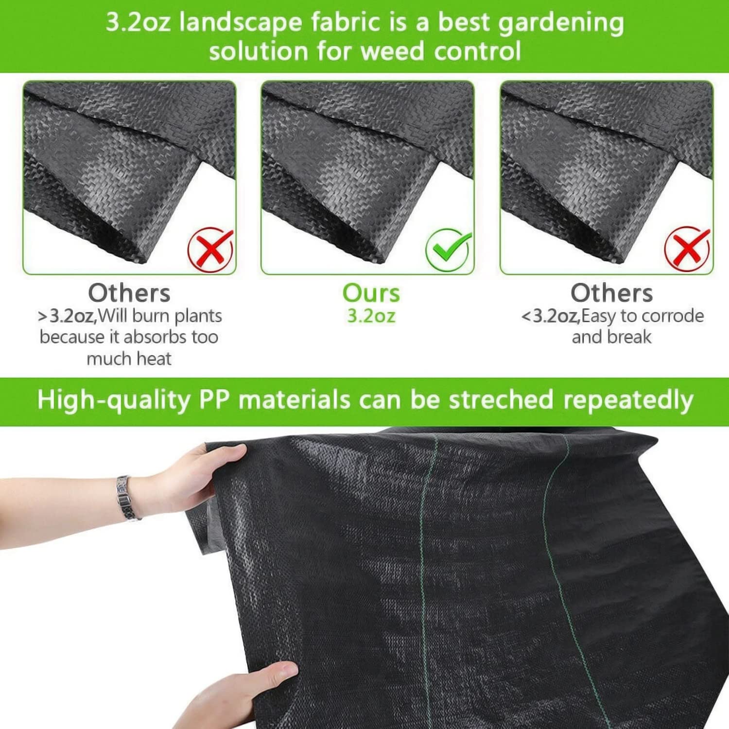 YUEWO 3.2Oz Premium Weed Barrier Landscape Fabric - Heavy Duty Durable Ground Cover, Garden Cloth Weed Block Mat for Gardening & Landscaping (Multiple Sizes, Black) - Perfect for Vegetable Gardens, Flower Beds & Yard Projects