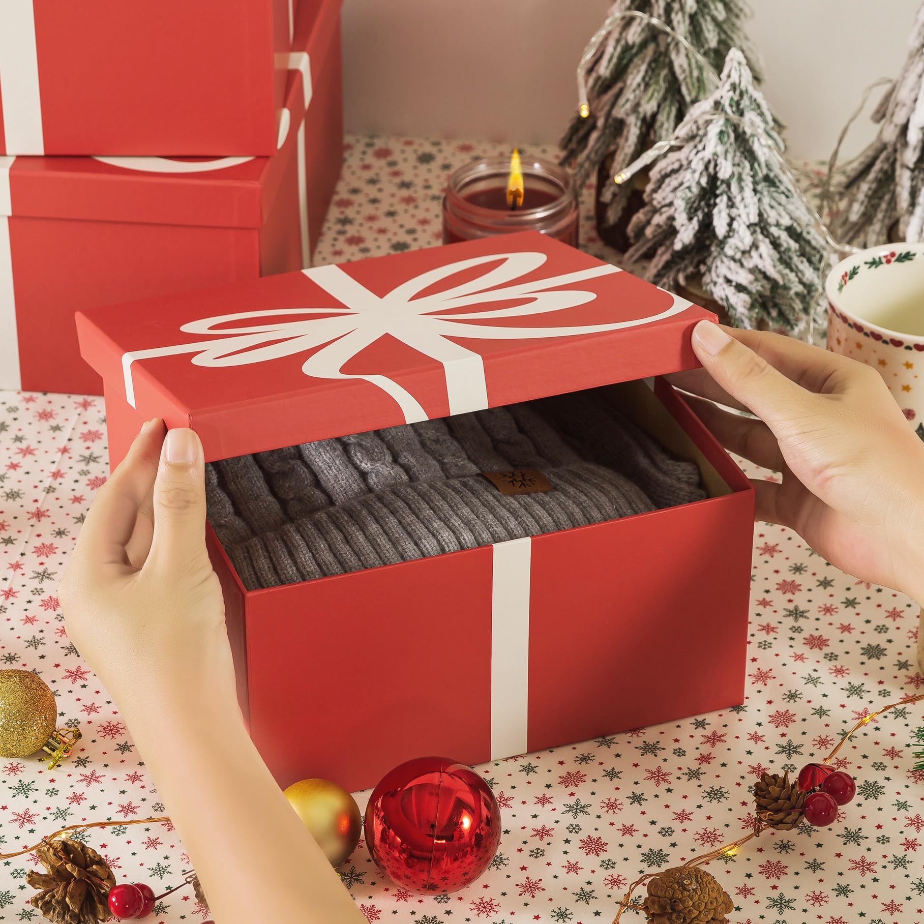 Soul & Lane Christmas Square Decorative Gift Boxes with Lids - Set of 4 Reusable Nesting Holiday Storage Containers in Festive Red | Perfect for Present Wrapping, Home Décor, Party Favors and Seasonal Organization