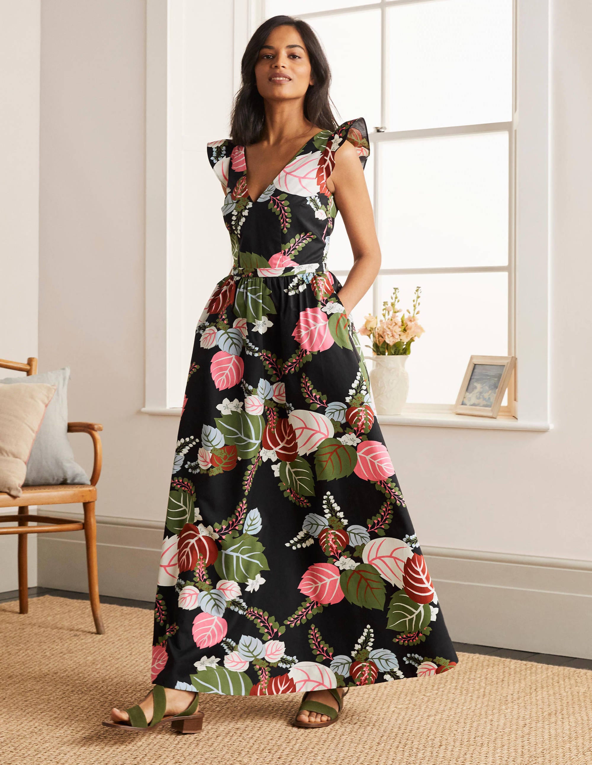 Andrea Frill Sleeve Maxi Dress Black - Elegant Floral Print Summer Beach Dress for Women, Perfect for Holiday Vacation & Tropical Getaways