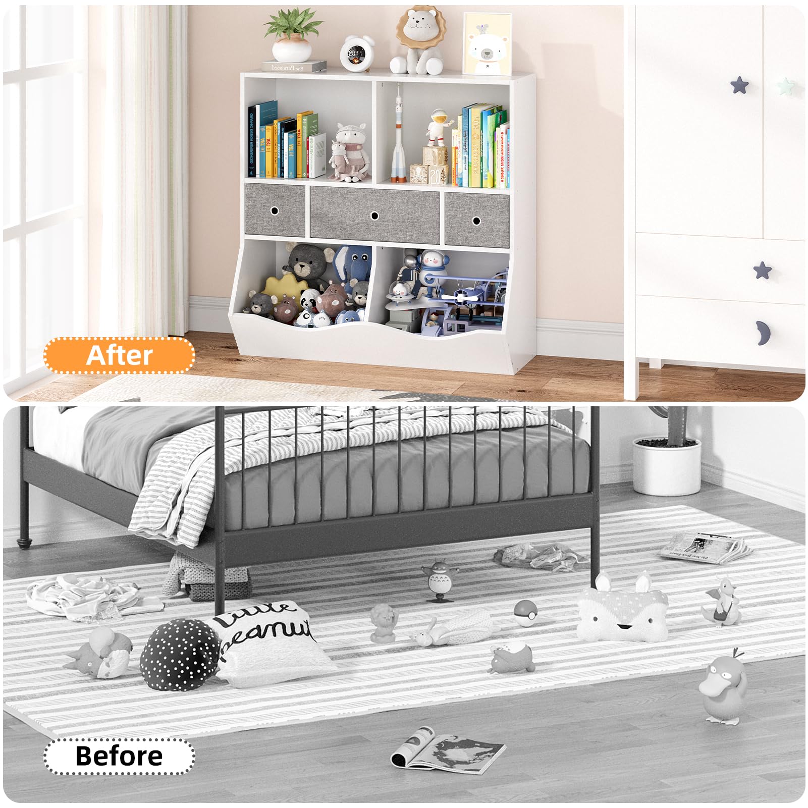 IDEALHOUSE Kids Toy Storage Organizer with 3 Movable Drawers - 3 Tier Children Bookcase & Bookshelf - 7 Cubby Toy Storage Cabinet for Playroom, Bedroom, Nursery - White - Perfect for Organizing Toys, Books & Kids' Belongings in Daycare or Home Play Areas