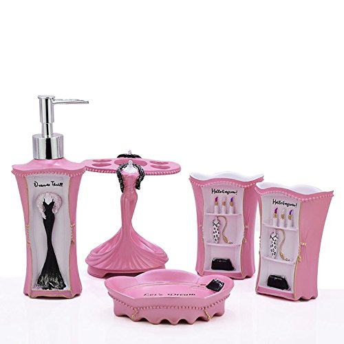 LUANT 5-Piece Modern Bathroom Accessories Set - Includes Soap Dispenser, Toothbrush Holder, Tumbler & Soap Dish in Elegant Pink | Perfect for Home, Hotel & Spa Decor