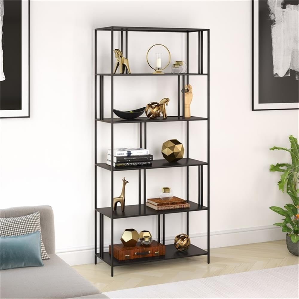 Henn&Hart 34 Inch Blackened Bronze Metal Bookcase - 5 Shelf Industrial Style Book Storage for Living Room, Office & Study