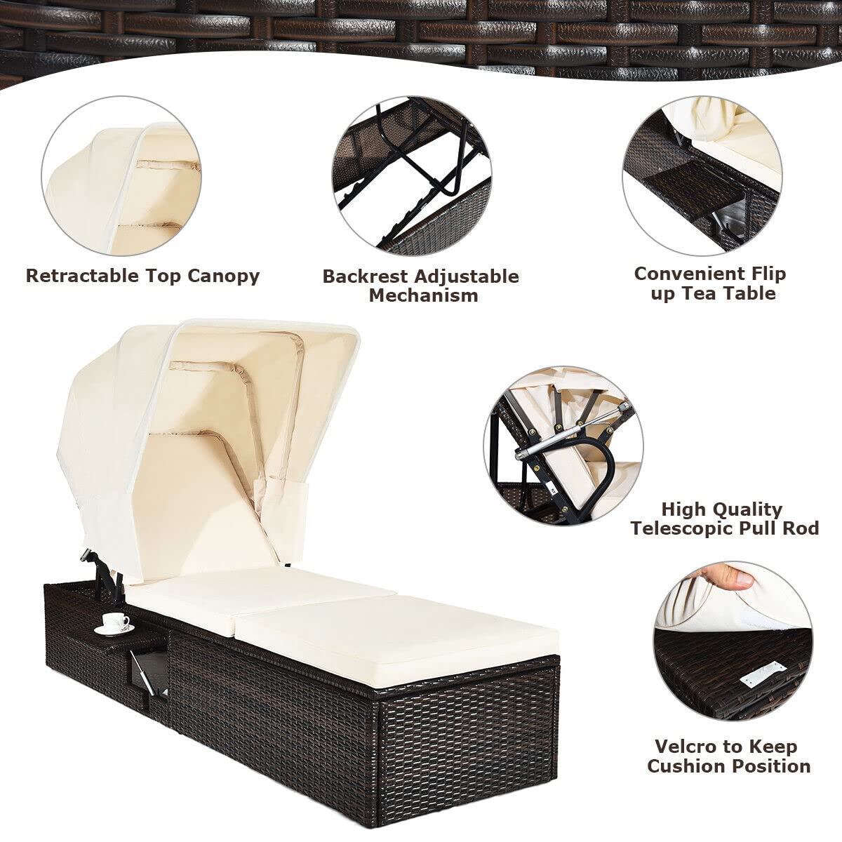 Luxury Adjustable Chaise Lounge Chair with Canopy - Rattan Daybed for Pool, Beach, Patio & Outdoor Relaxation - Perfect for Sunbathing, Lounging & Backyard Comfort