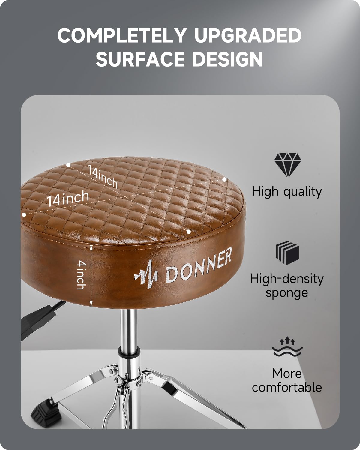Donner DT-150 Adjustable Hydraulic Drum Throne Seat - Round Padded Drum Stool with Thickened Cushion, Anti-Slip Base & Double-Braced Legs (Brown) - Perfect for Drummers, Percussionists & Music Practice Sessions