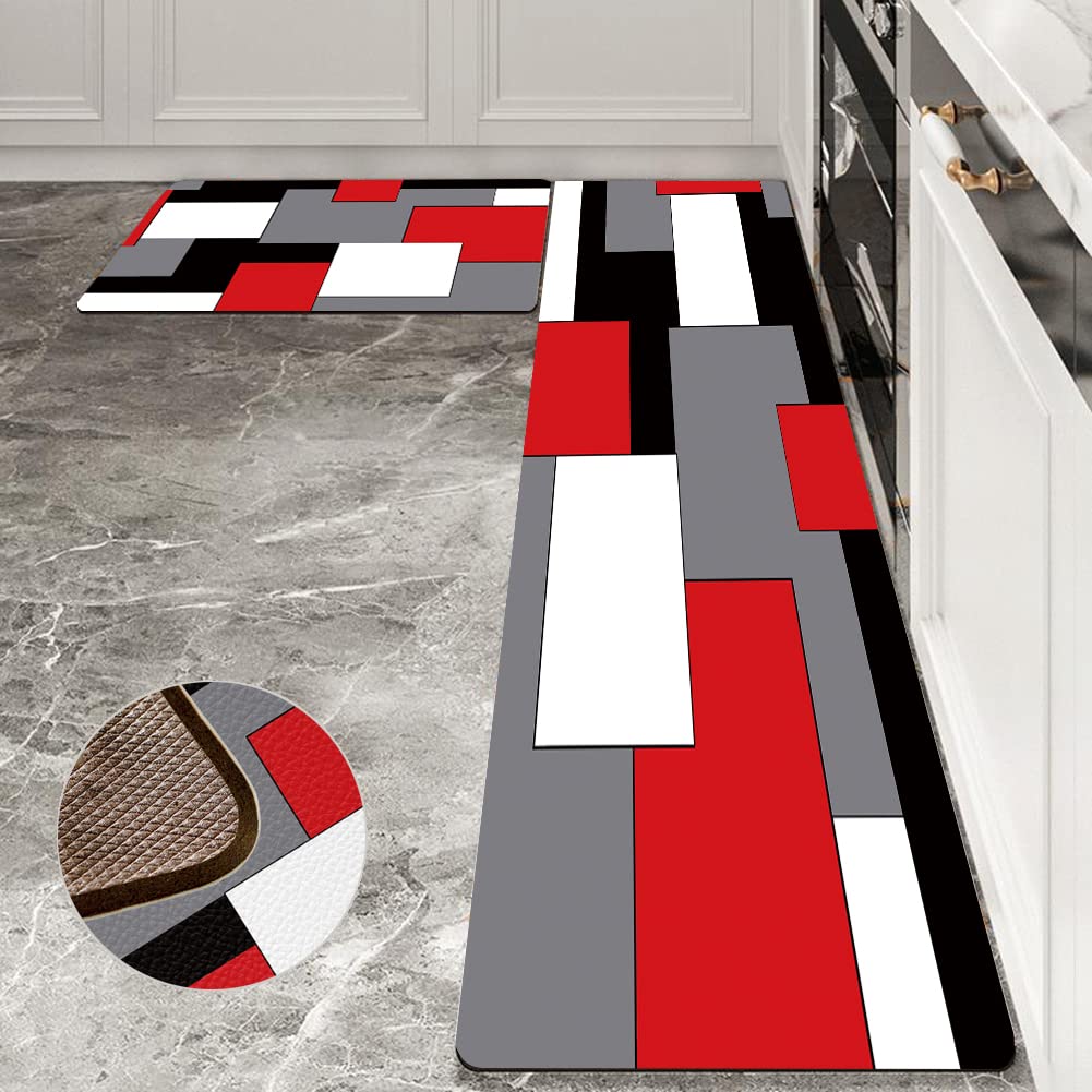 AILUER 2-Piece Red and Grey Abstract Geometric Kitchen Rugs Set - Non-Slip Waterproof Floor Mats for Kitchen, Office & Laundry (17.5