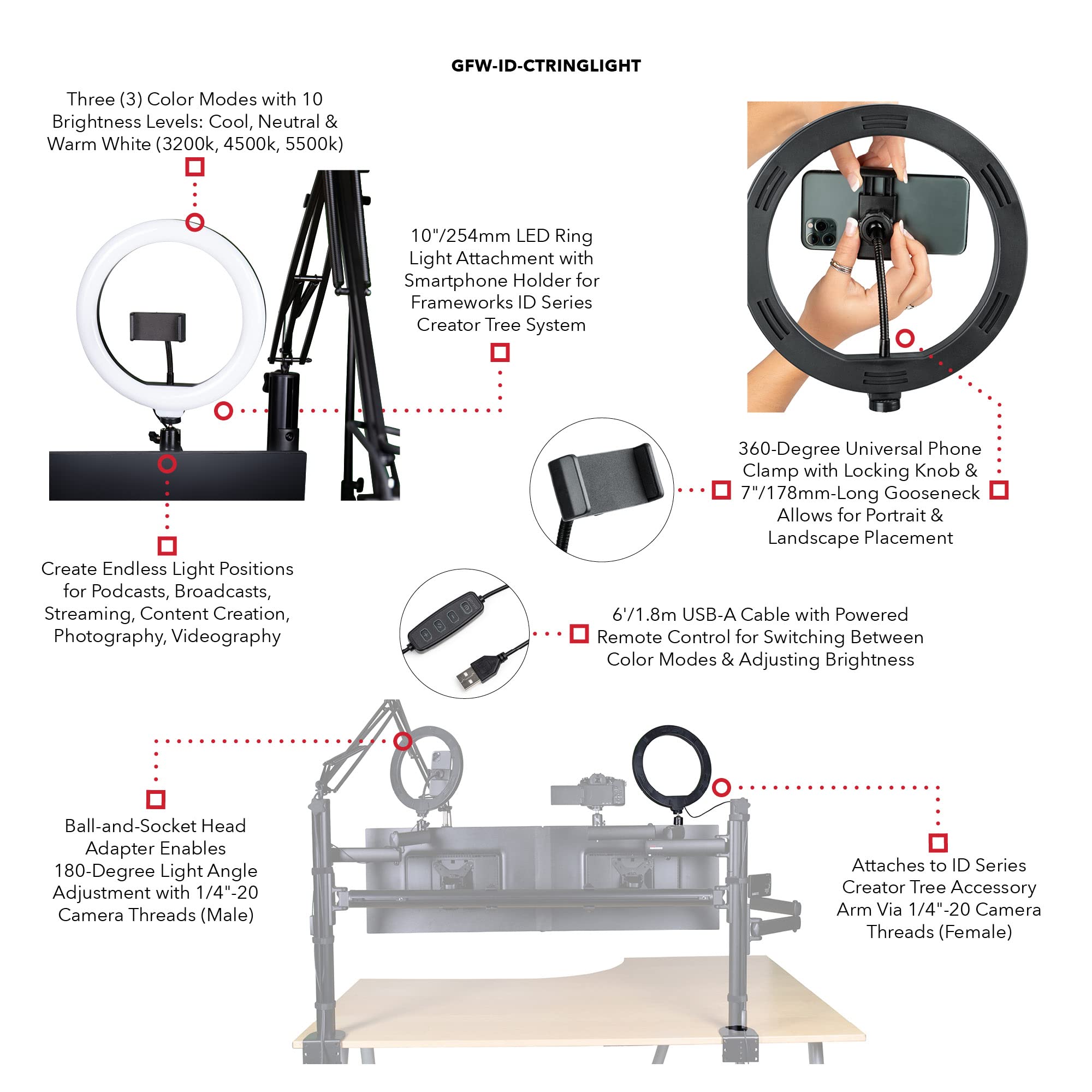 Gator ID Series Ring Light for Content Creators - Black | Perfect for YouTube & TikTok Videos