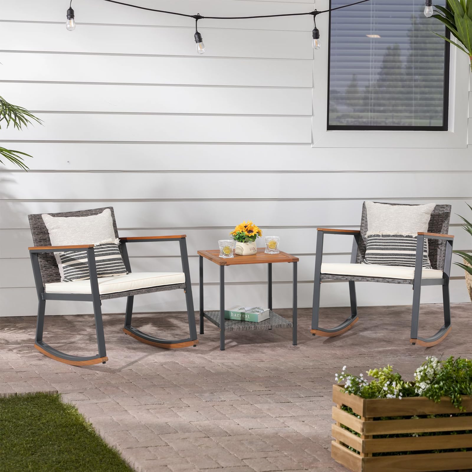 OC Orange-Casual 3-Piece Outdoor Rocking Bistro Set - Patio Wicker Furniture with Coffee Table & Cushions - Perfect for Garden, Yard, Porch, Balcony - White | Relaxing Outdoor Seating for Coffee, Reading & Socializing