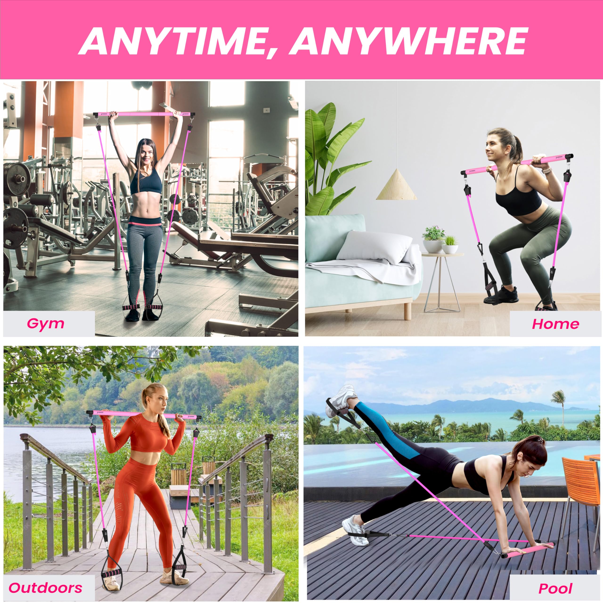 3-Section Yoga Pilates Bar Set with Resistance Bands & Jump Rope - Portable Home Gym Equipment for Full Body Workout - Perfect for Strength Training, Stretching & Cardio at Home or Travel