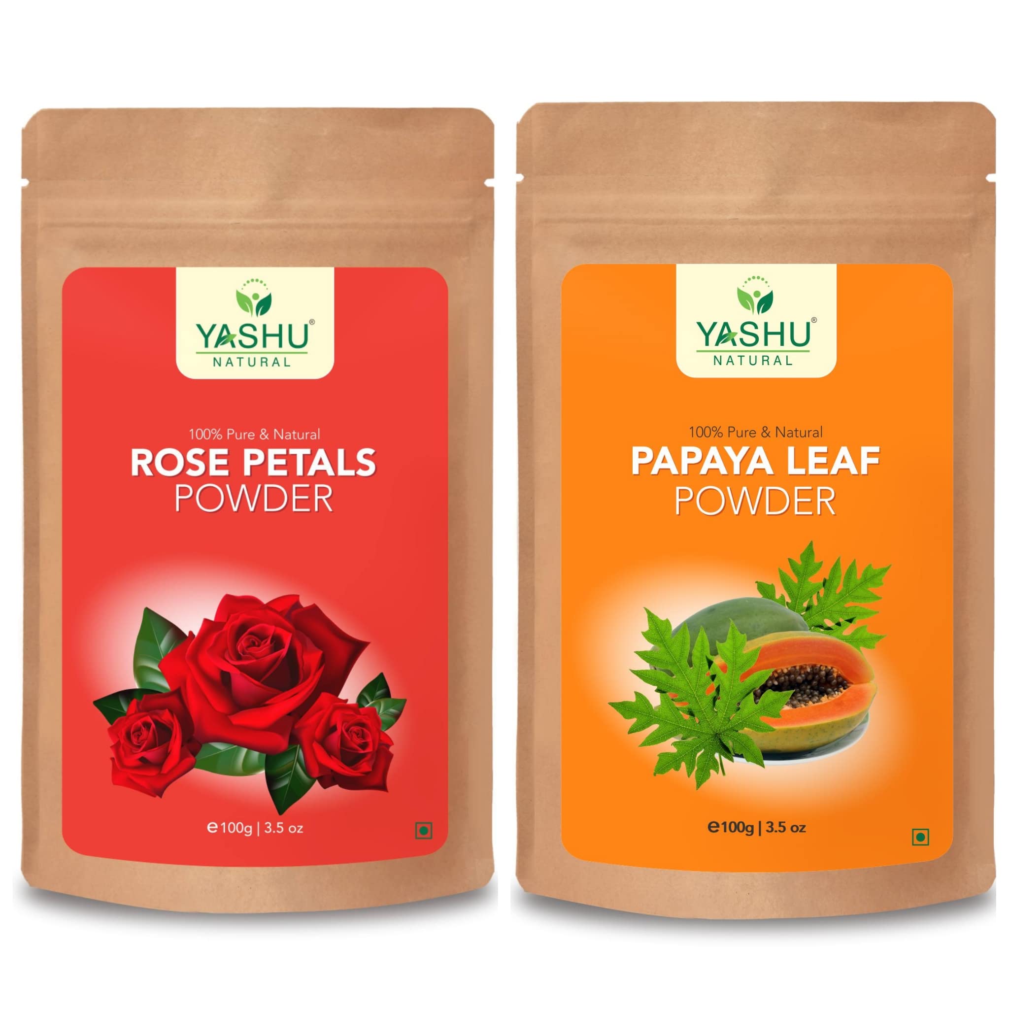 YASHU Pure Rose Petals & Papaya Leaves Face Powder for Natural Glow & Detan | Organic Skin Brightening Facial Pack (200g) - Perfect for Daily Skincare Routine & Bridal Glow Preparation