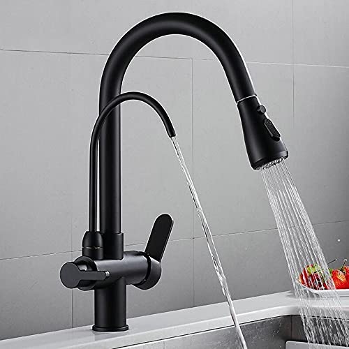 OMOONS Commercial Pull Out Kitchen Faucet - Black Deck Mounted Sink Tap with Water Filter, Solid Crane for Farmhouse, Bar & Restaurant Use | Perfect for High-Traffic Kitchens & Food Prep Areas