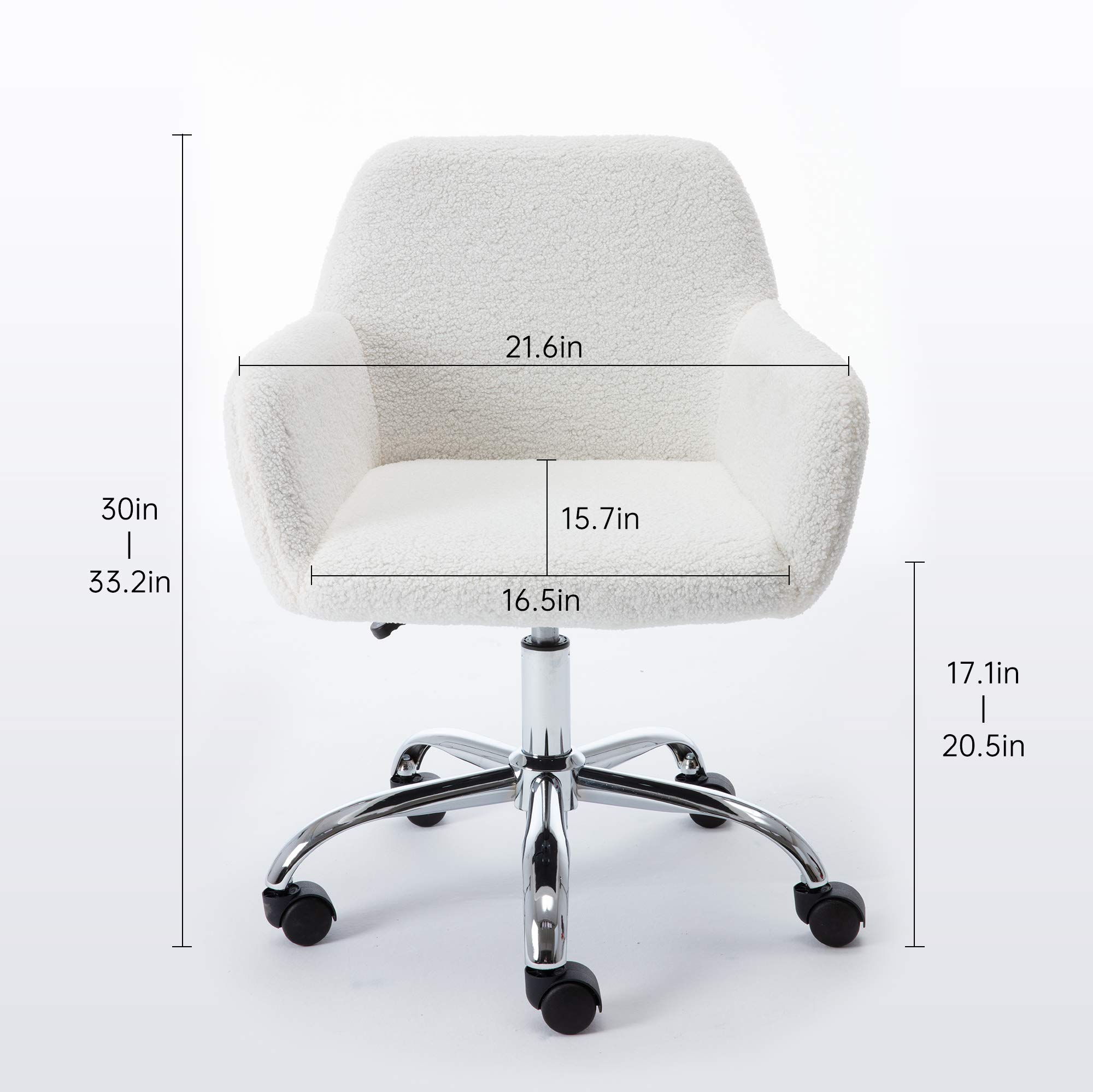 Fluffy Pink Faux Fur Swivel Desk Chair with Wheels - Adjustable Height Vanity Chair for Makeup Room, Teen Girls Bedroom & Home Office - Soft Computer Chair for Study, Gaming & Workspace (White)