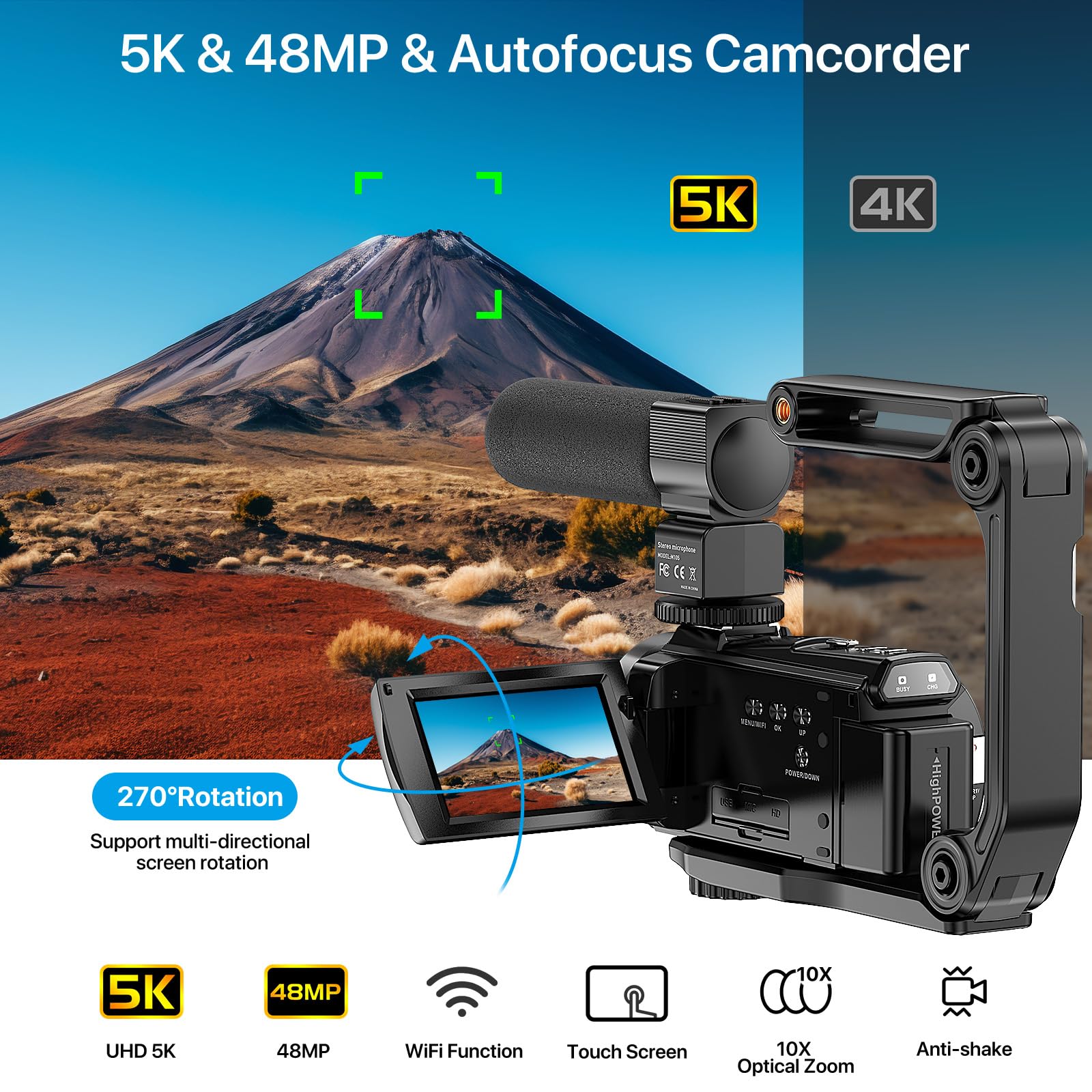 **Ahlirmoy 5K Video Camera Camcorder with 10X Optical Zoom, 48MP & 30FPS - WiFi, IR Night Vision, Remote Control, 2 Batteries - Perfect for YouTube Vlogging, Travel Filming, and Night Photography**