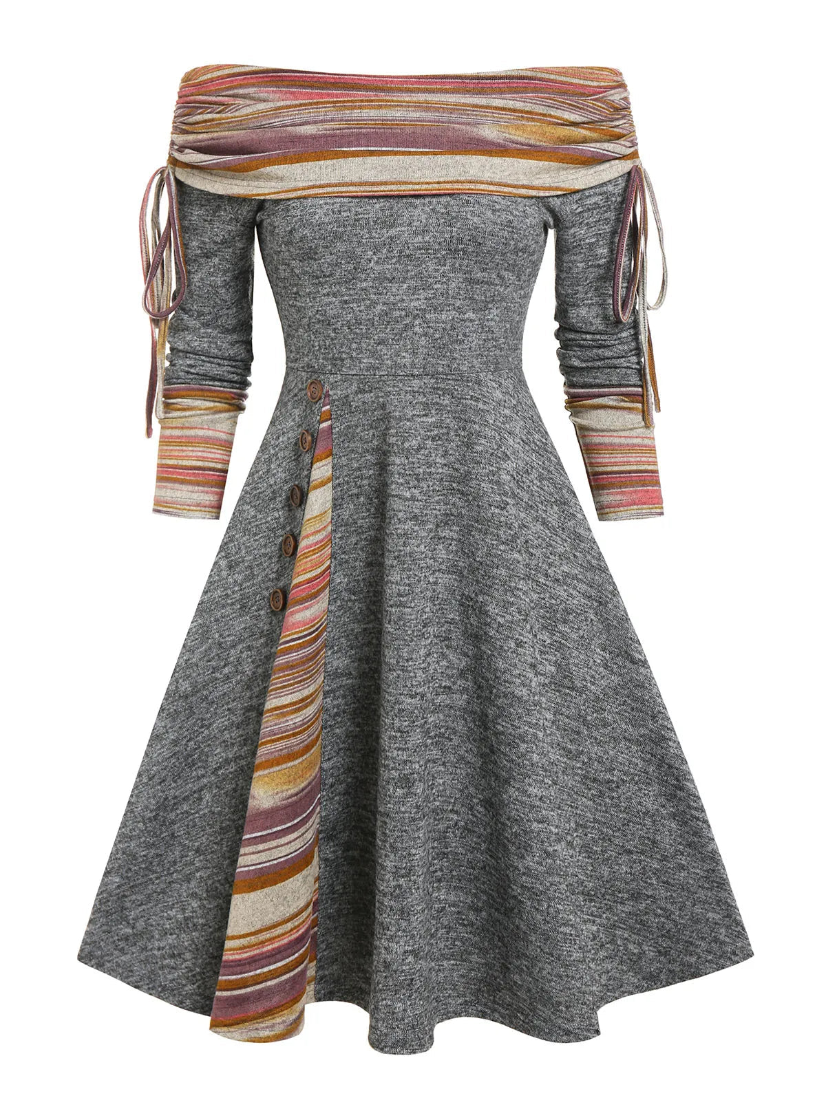 **Women's 2024 Striped Knit Convertible Dress - Off Shoulder, Long Sleeve, Cinched Waist & Flare Hem | Perfect for Date Night, Parties & Casual Outings**