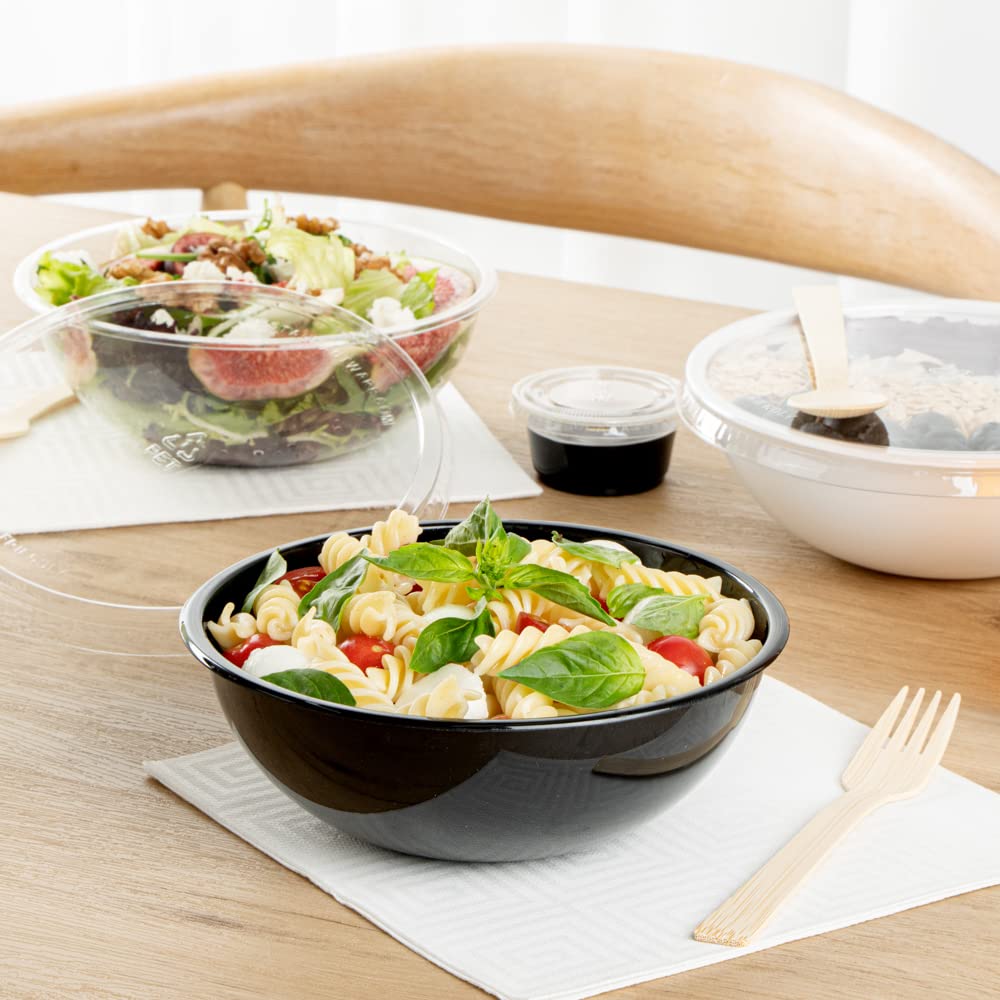 Restaurantware 21oz Recyclable Plastic Salad Bowls - 200-Pack Disposable Large Black Food Containers for Pasta, Salads, Takeout | Eco-Friendly Catering & Party Supplies