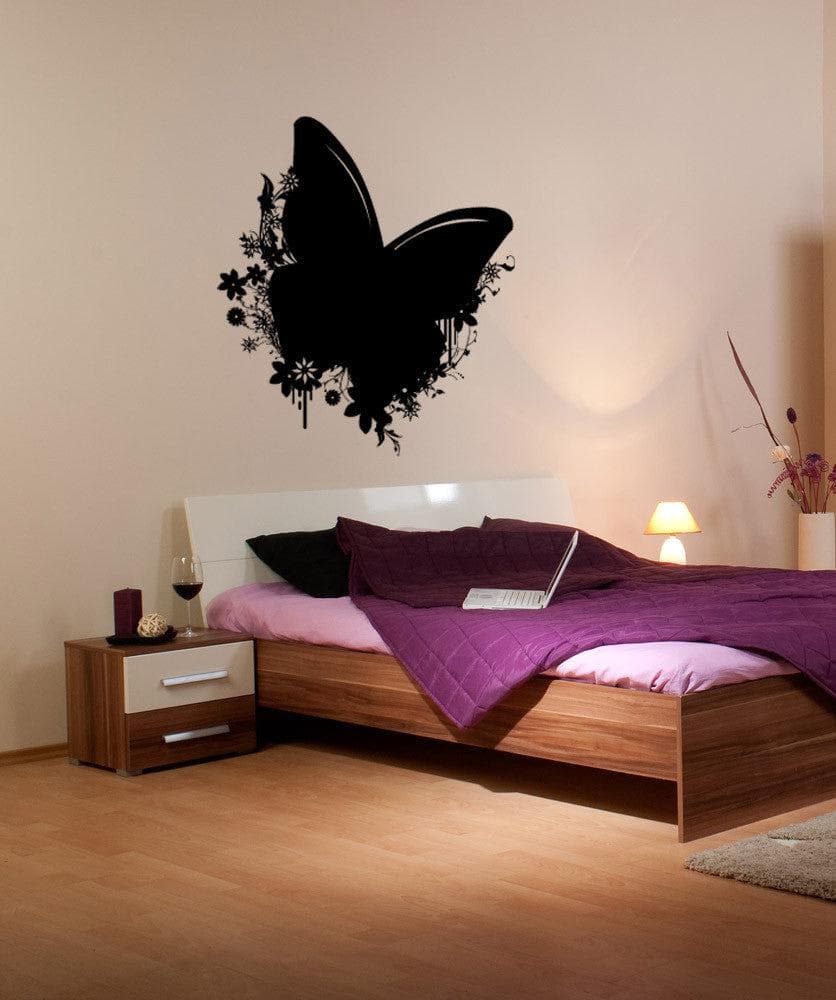 Butterfly and Flowers Vinyl Wall Decal Sticker - Removable Home Decor for Bedroom, Nursery, Living Room - #1148