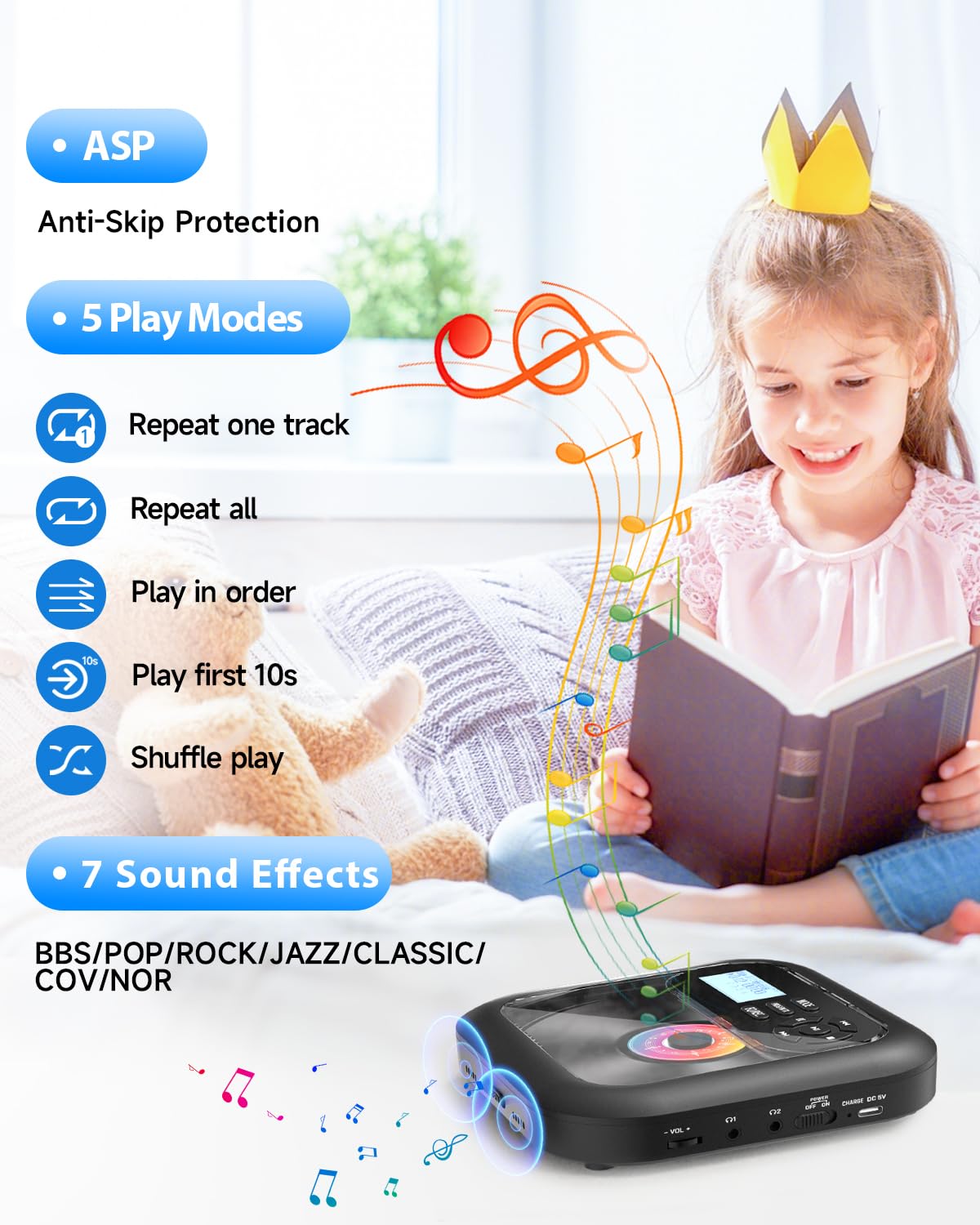 Portable Bluetooth CD Player with Built-in Speakers, Rechargeable Battery, FM Radio & AUX Input - Supports Headphones for Home, Car and Travel Use