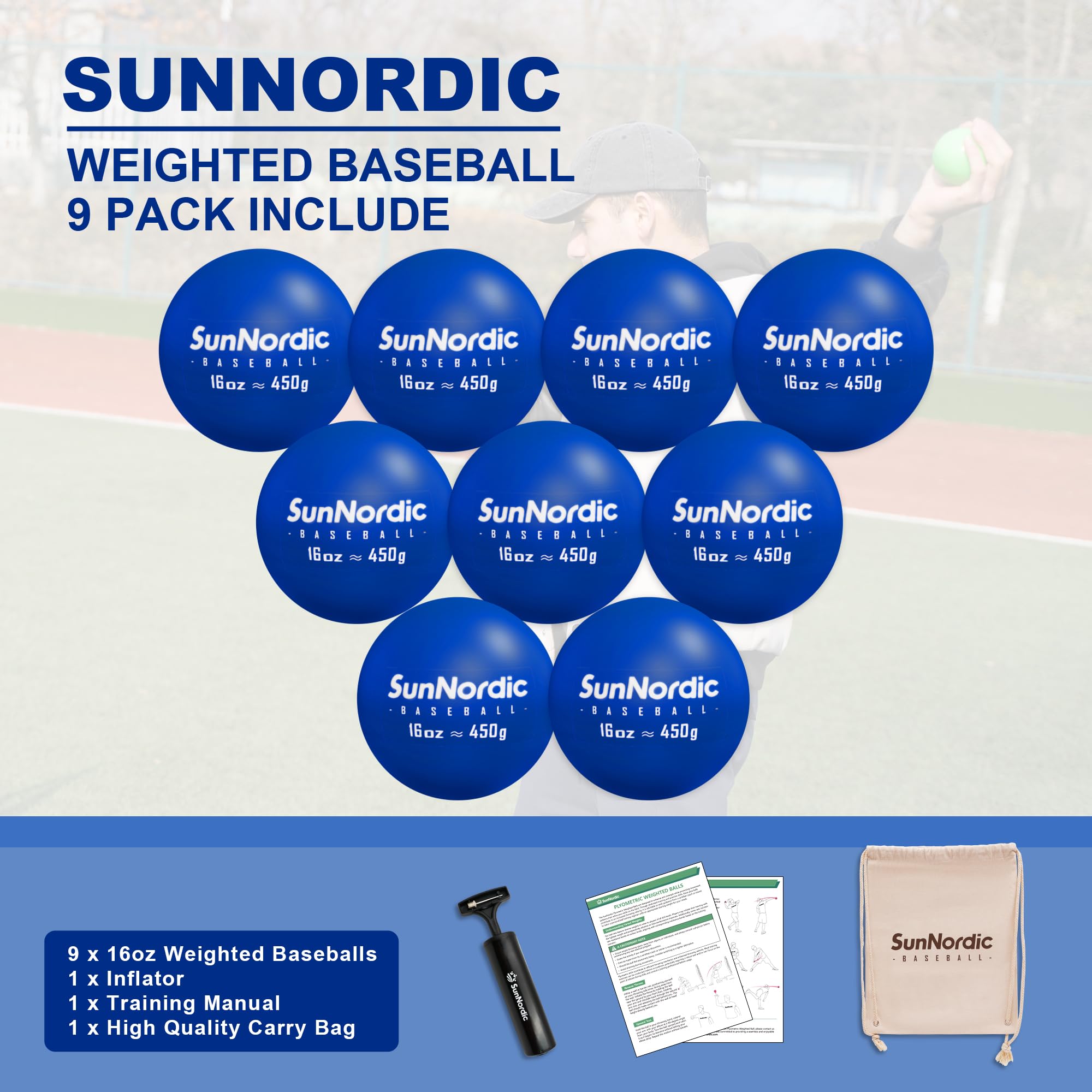 9 Pack Weighted Baseballs (16 oz) - Professional Hitting & Pitching Training Balls for Power Improvement - Perfect for Baseball Practice, Batting Drills & Strength Training - Suitable for All Skill Levels from Beginners to Pros