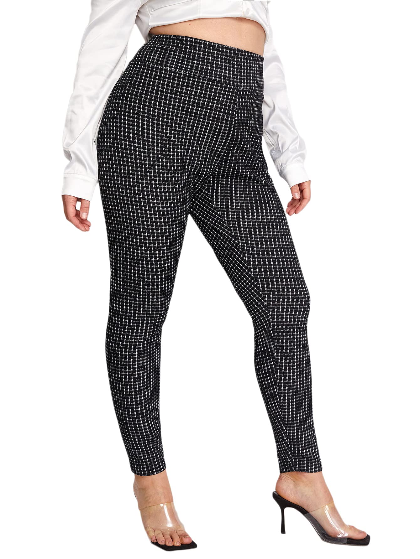 Floerns Women's Plus Size Plaid Leggings - Stretchy Elastic Waist Skinny Pants for Work, Office & Casual Wear | Comfortable & Fashionable Trousers for Everyday Use