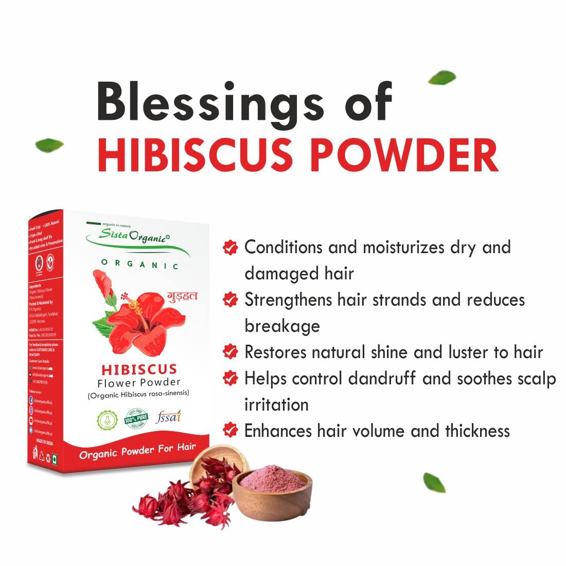Organic Hibiscus Flower Powder for Hair Growth & Skin Care - 100% Pure, Natural, Vegan - 100g | DIY Hair Mask, Face Pack, Scalp Treatment for Healthy Hair & Glowing Skin