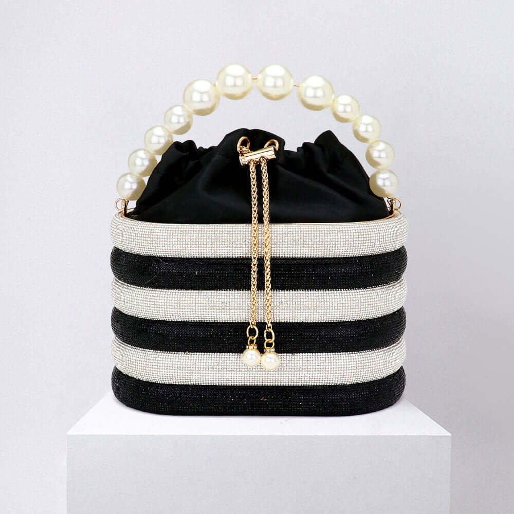 Elegant Black Pearl-Embellished Top Handle Drawstring Box Crossbody Bag for Women - Perfect for Parties, Weddings & Evening Events