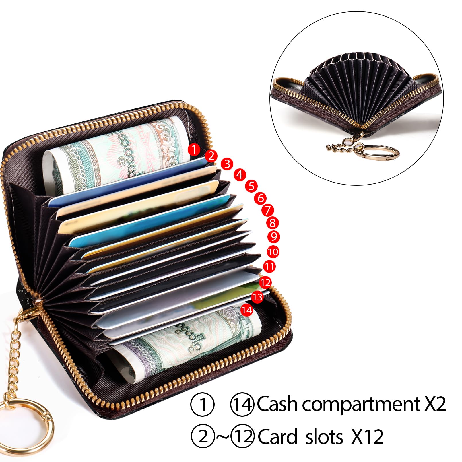 RFID Blocking Credit Card Holder Wallet for Women - Slim Leather Zipper Card Case with Keychain, Funny Print Design - Perfect for Travel, Shopping & Everyday Use