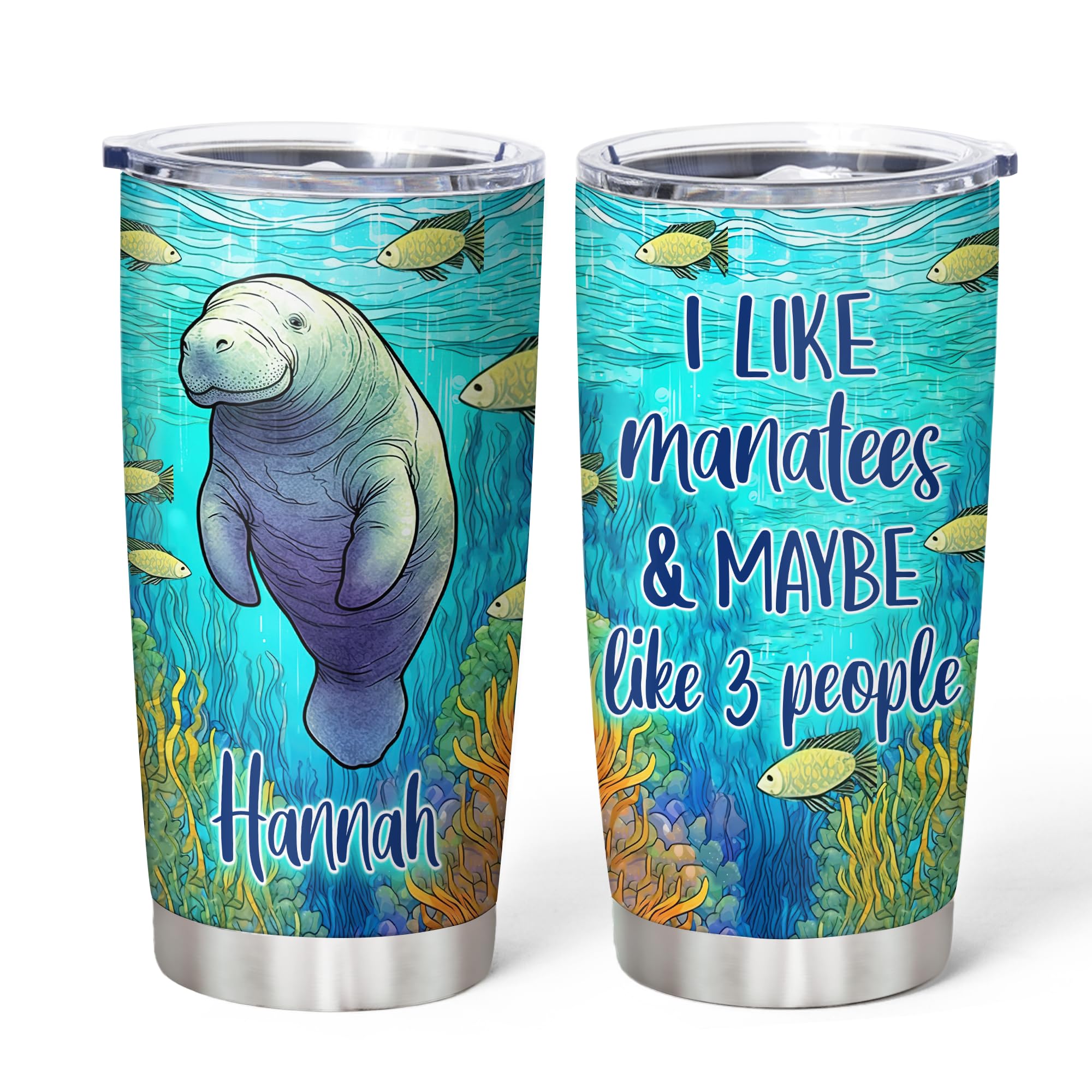 Personalized Manatee Lover Stainless Steel Tumbler 20oz with Lid - Cute Sea Animal Gift for Women & Girls - Birthday, Christmas Present - Ideal for Office, Travel & Outdoor Activities
