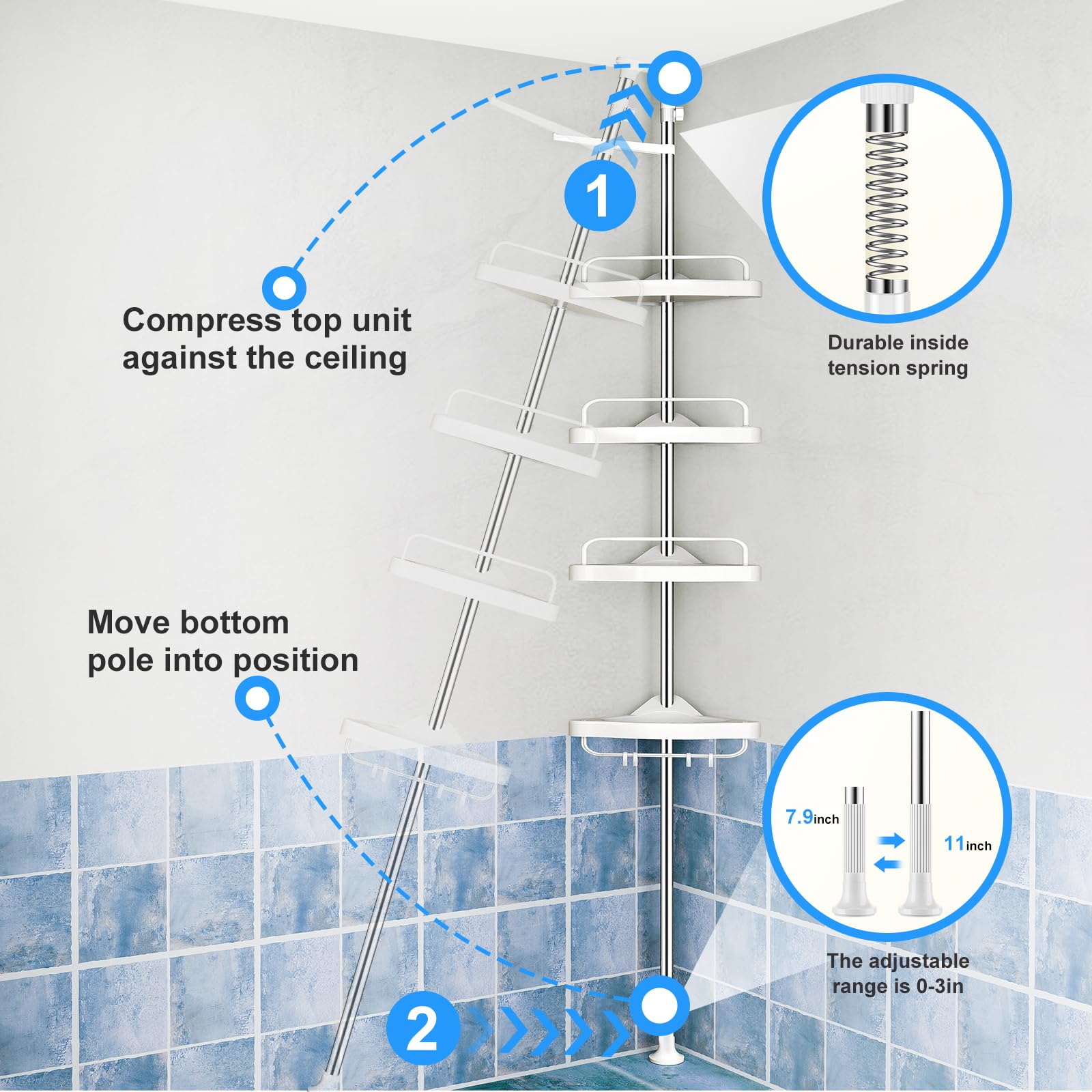 Adjustable Stainless Steel Corner Shower Tension Pole - 4 Tier Bathroom Shelf Organizer for Shampoo, Soap & Towels | Space Saving Shower Storage Solution for Small Bathrooms
