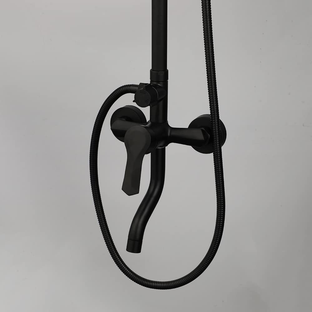 KECTIAKL Matte Black Outdoor Shower System - 8 Inch Rainfall Shower Head with 3 Spray Modes, Wall Mounted Bathroom Shower Fixtures Set Including Shower Caddy - Perfect for Backyard, Poolside, and RV Use