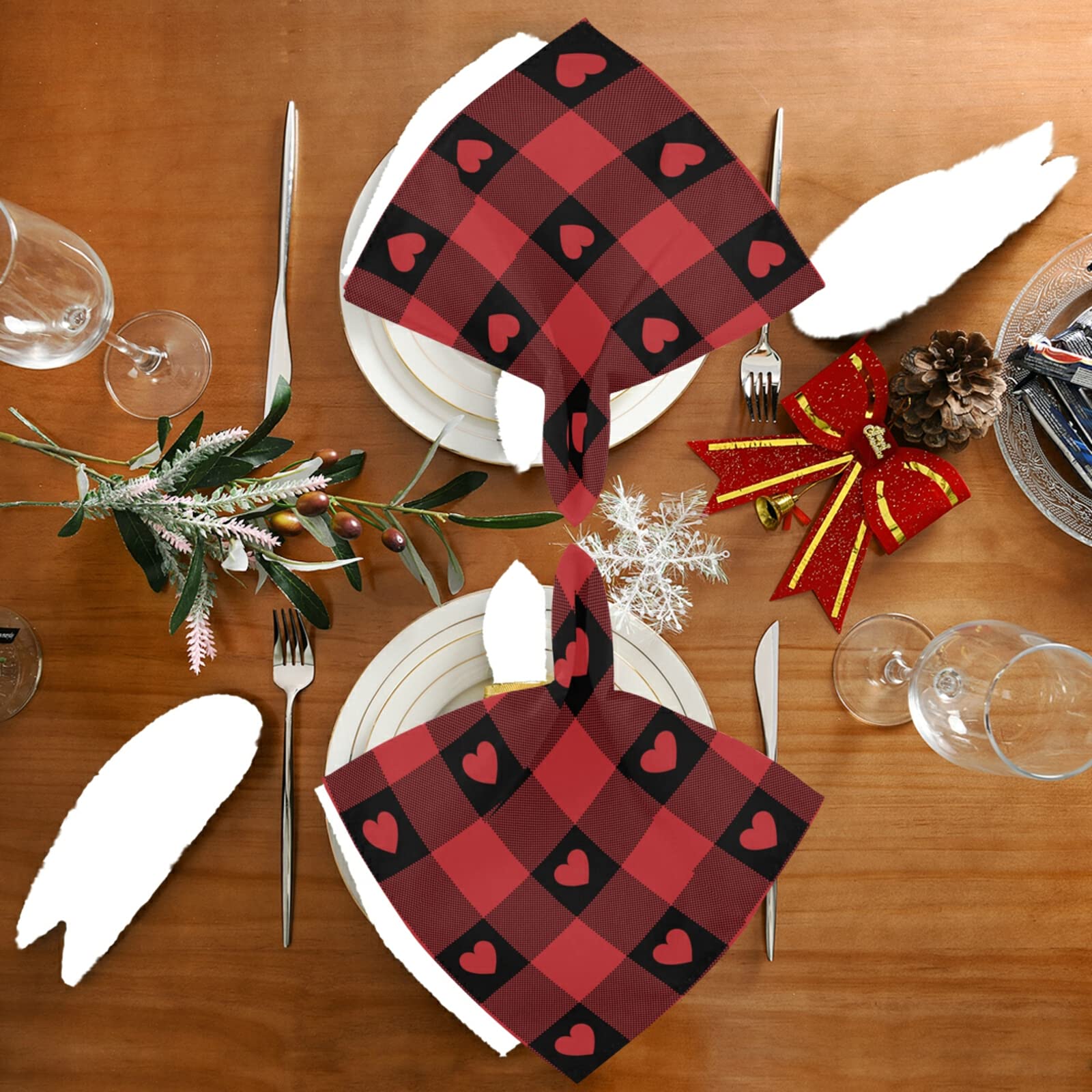 Valentine's Day Red Buffalo Check Heart Print Cloth Napkins - Set of 6 Premium 20