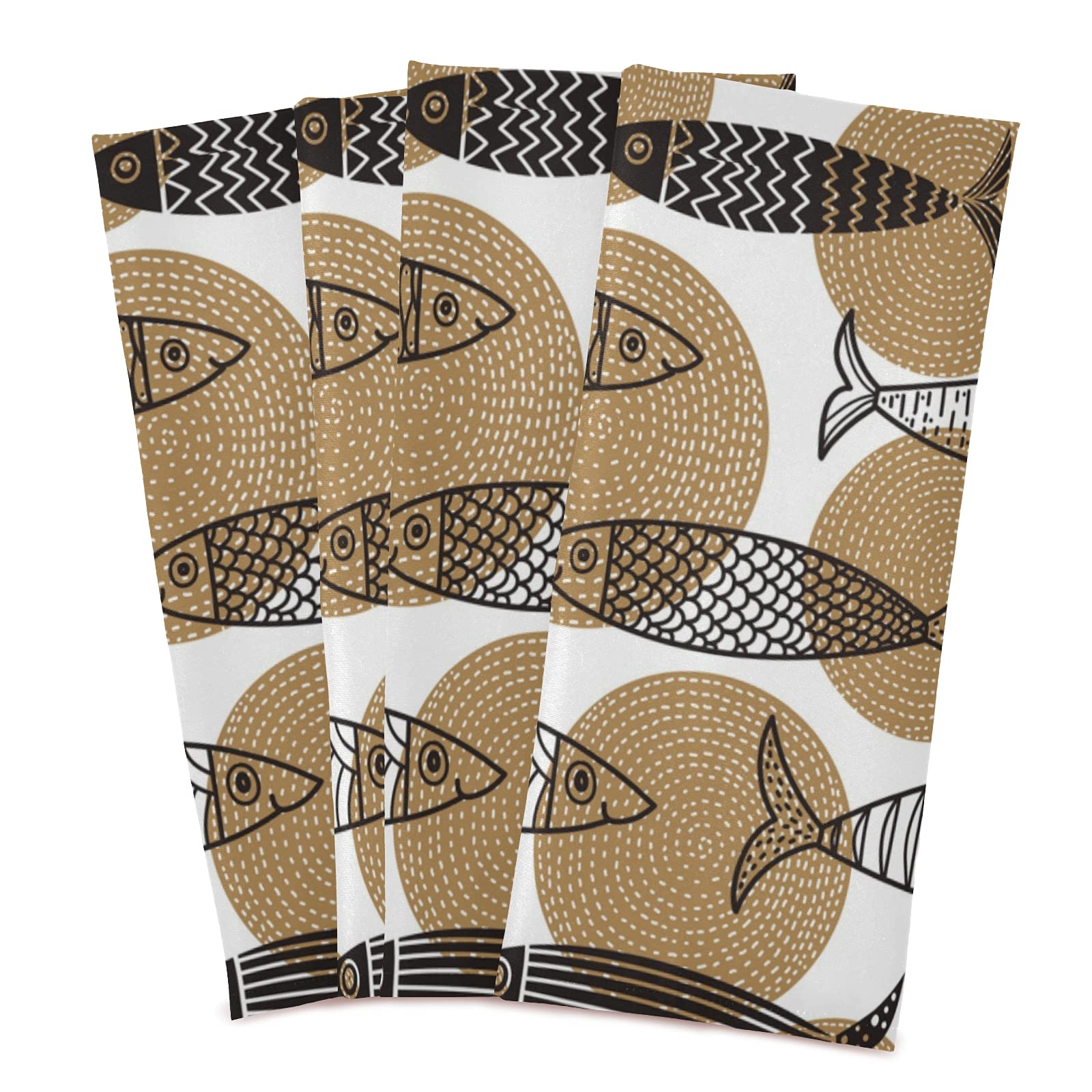Poeticcity Handmade Tribal Fish Design Kitchen Dish Towel - Set of 1 Brown Ethnic Waffle Weave Dishcloth with Hanging Loop, Polyester Tea Towel for Drying Dishes, Bar Mop & Counter Cleaning | Perfect for Farmhouse, Boho & Coastal Kitchen Decor
