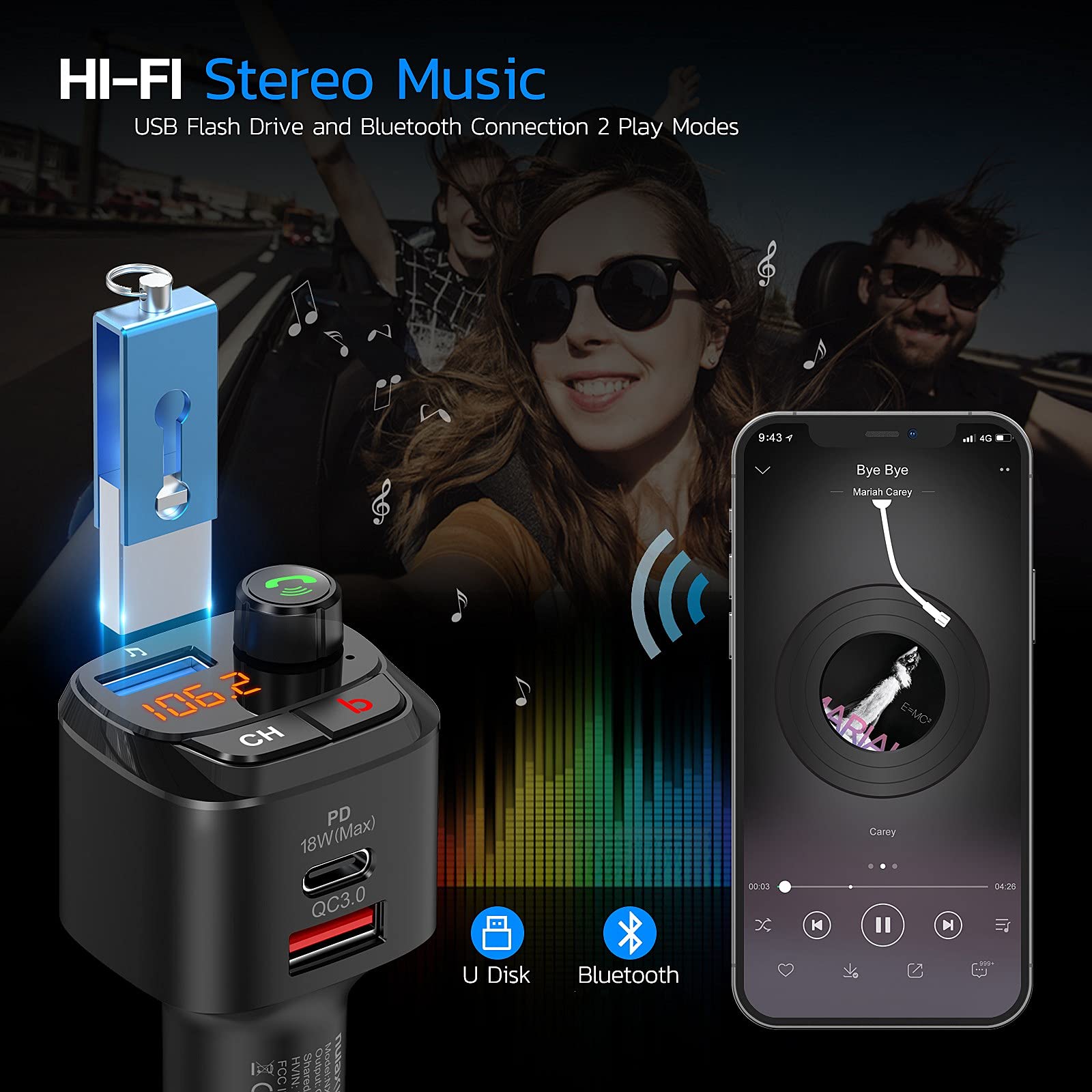 Nulaxy NX12 Bluetooth 5.0 FM Transmitter for Car with QC3.0 & USB-C PD 18W Fast Charging | Wireless Bluetooth Radio Adapter | Hands-Free Calling & Bass Boost Music Player | Perfect for Road Trips & Commuting