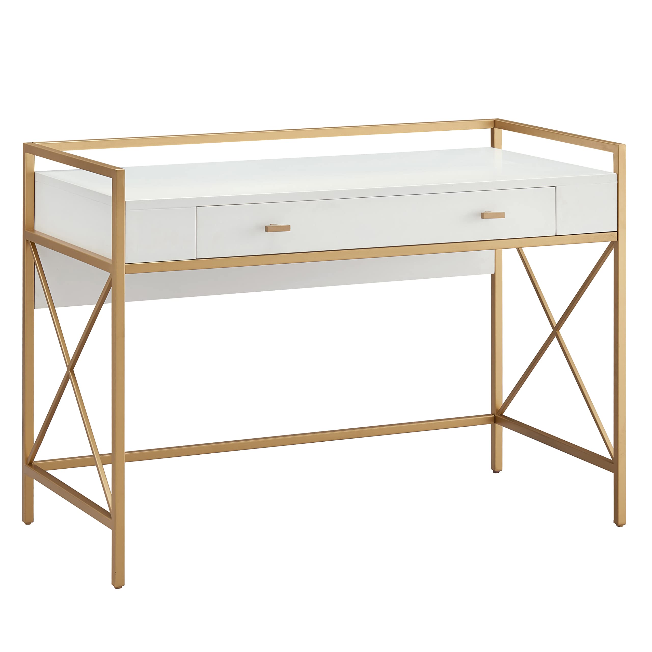 Leick Home 9240-WTGL Claudette Modern Mixed Metal & Wood Computer Desk with Drop-Front Keyboard Tray - White & Satin Gold Finish | Perfect for Home Office, Study Room & Small Spaces
