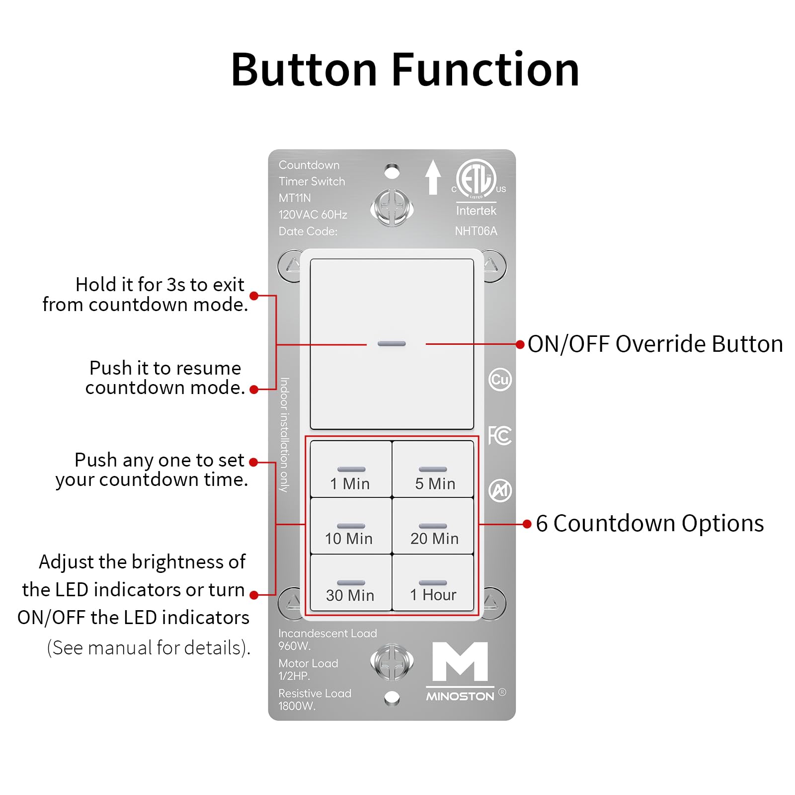 Minoston 1 Hour Countdown Timer Switch with 1-5-10-20-30-60 Minute Settings - ETL & FCC Certified 120VAC 60Hz White Wall Timer (MT11N) - Perfect for Bathroom Fans, Heaters, Lights & Home Automation - Neutral Wire Required